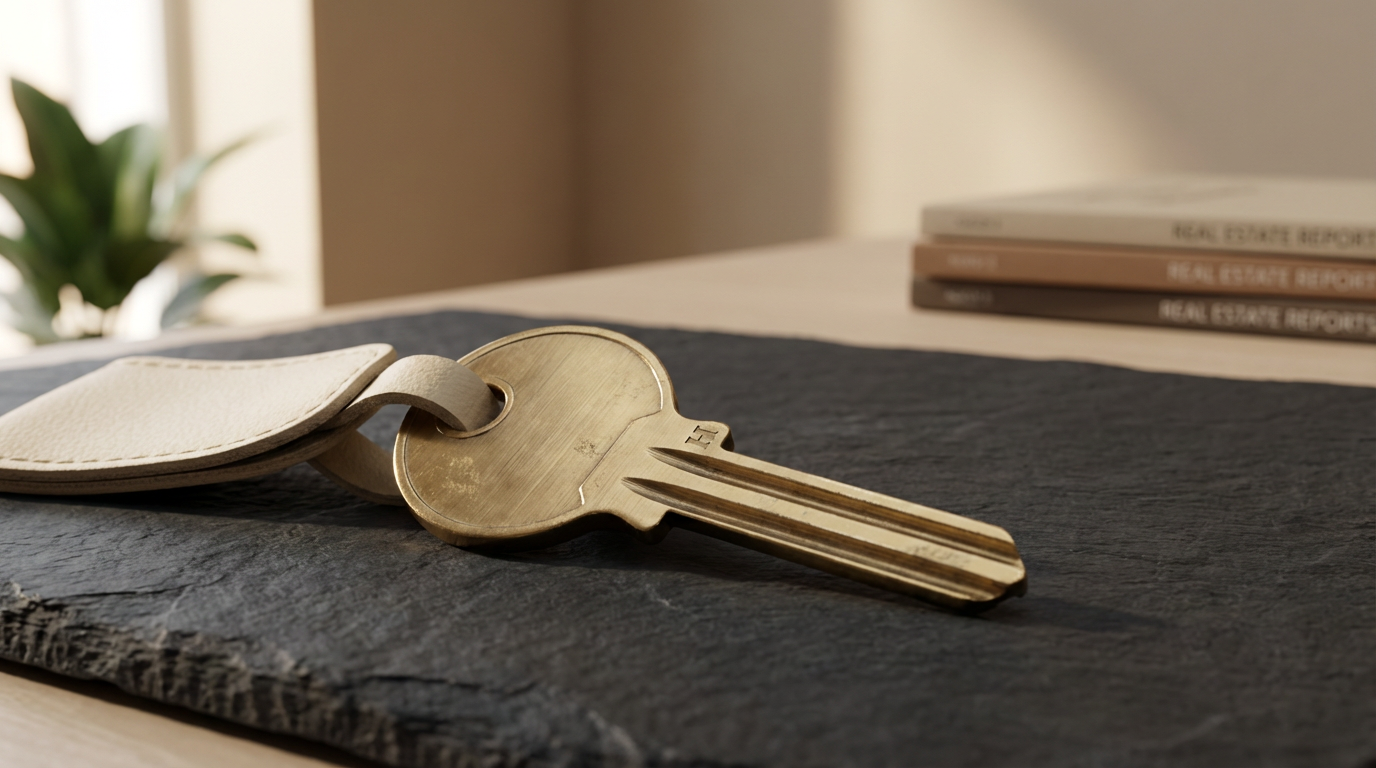 Close-up of a brass key with a beige leather keychain attached, resting on a dark textured surface, with a blurred background showing a stack of books and a plant in sunlight.