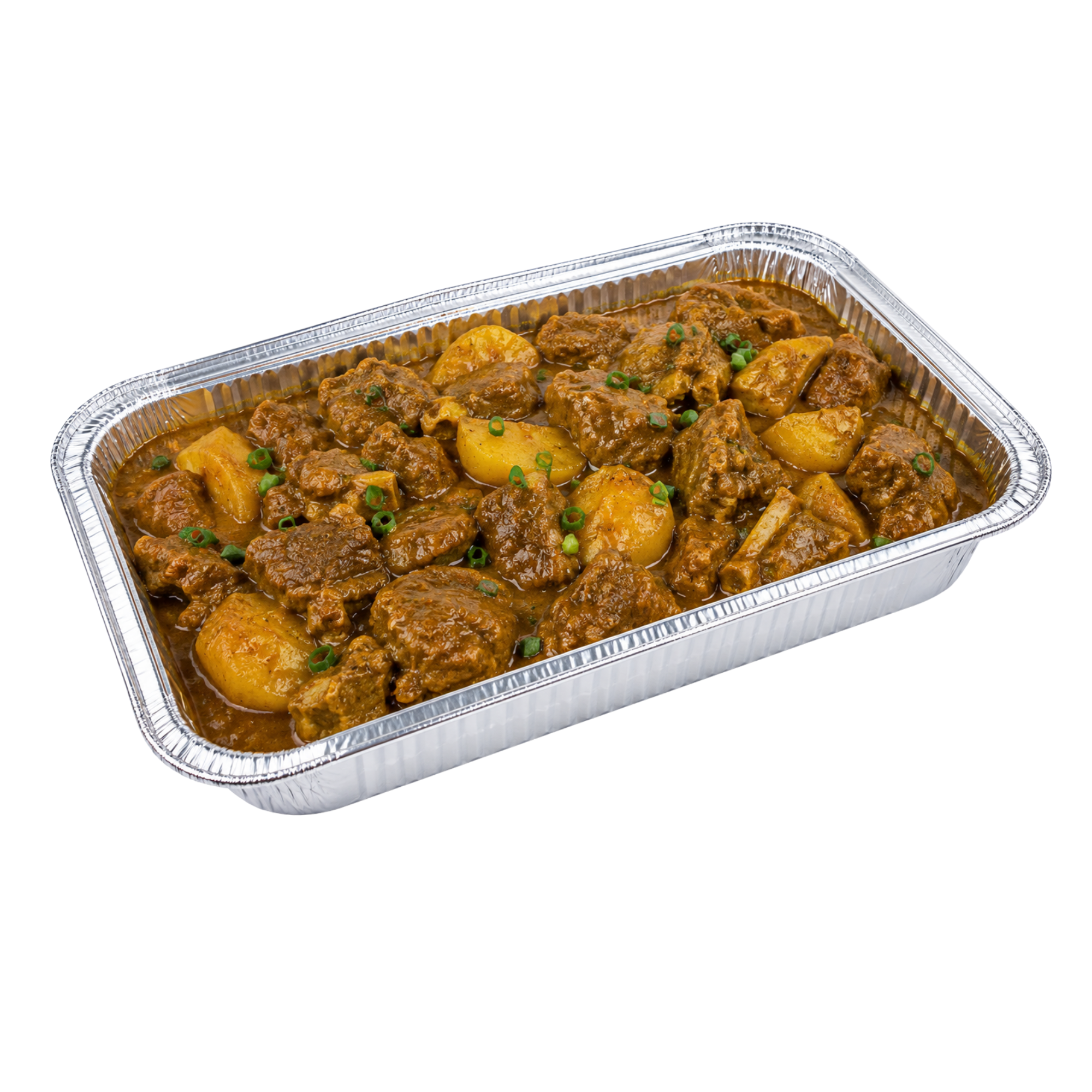 Aluminum tray of beef stew with potatoes and green onions garnished on top.