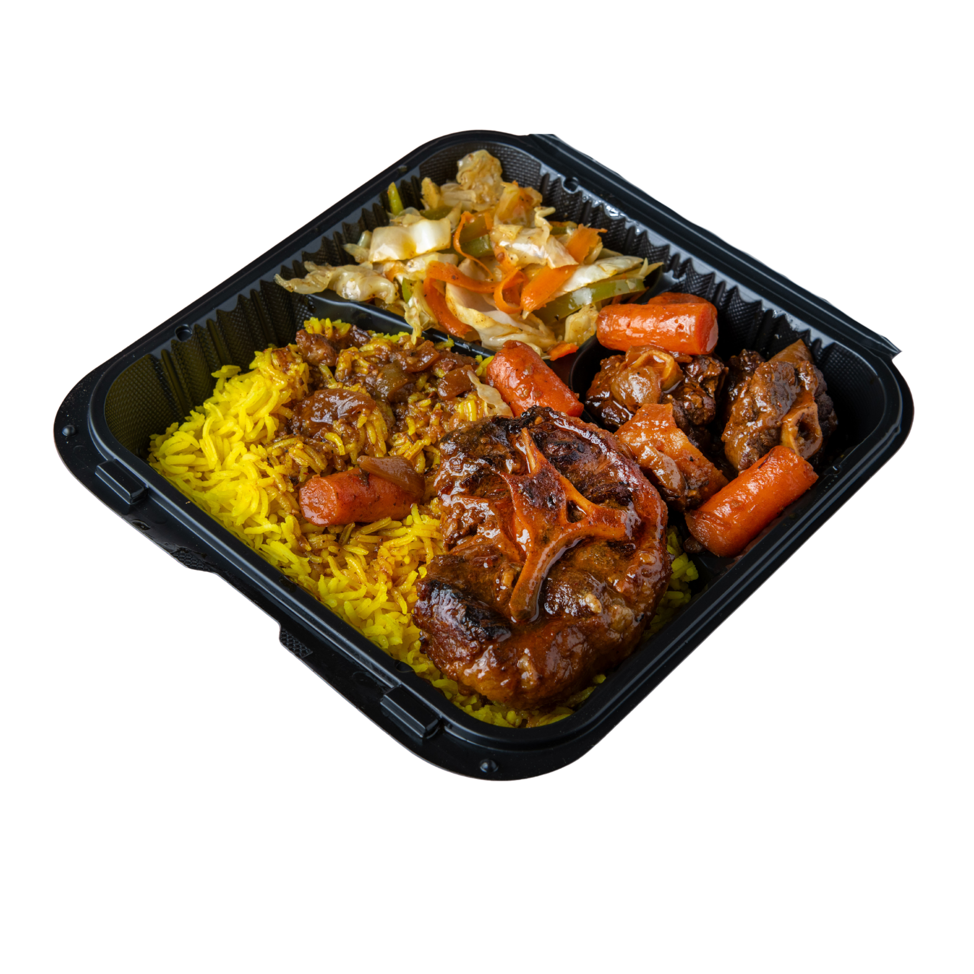 Close-up of a black meal tray containing yellow rice, beef stew, vegetables, and carrots.