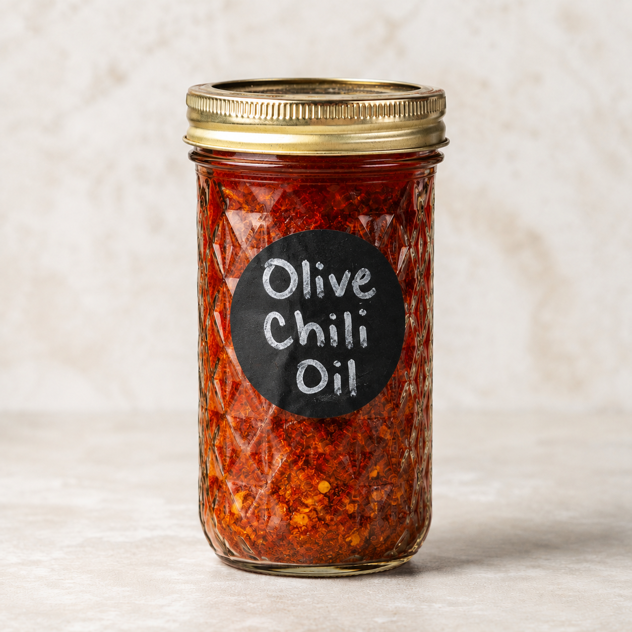 A glass jar with a gold lid labeled 'Olive Chili Oil' on a neutral background.