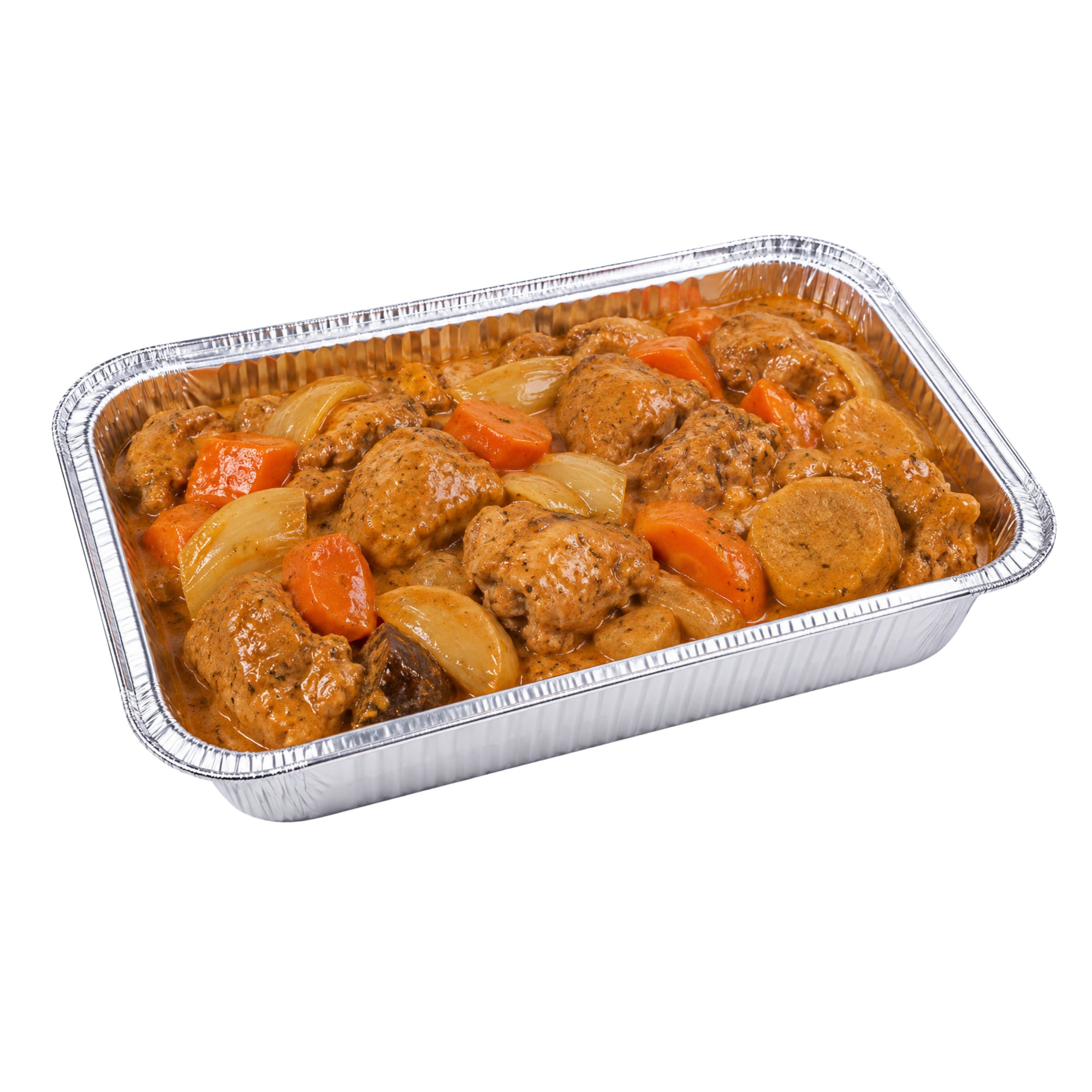 Aluminum tray of cooked beef stew with meatballs, carrots, onions, and gravy.