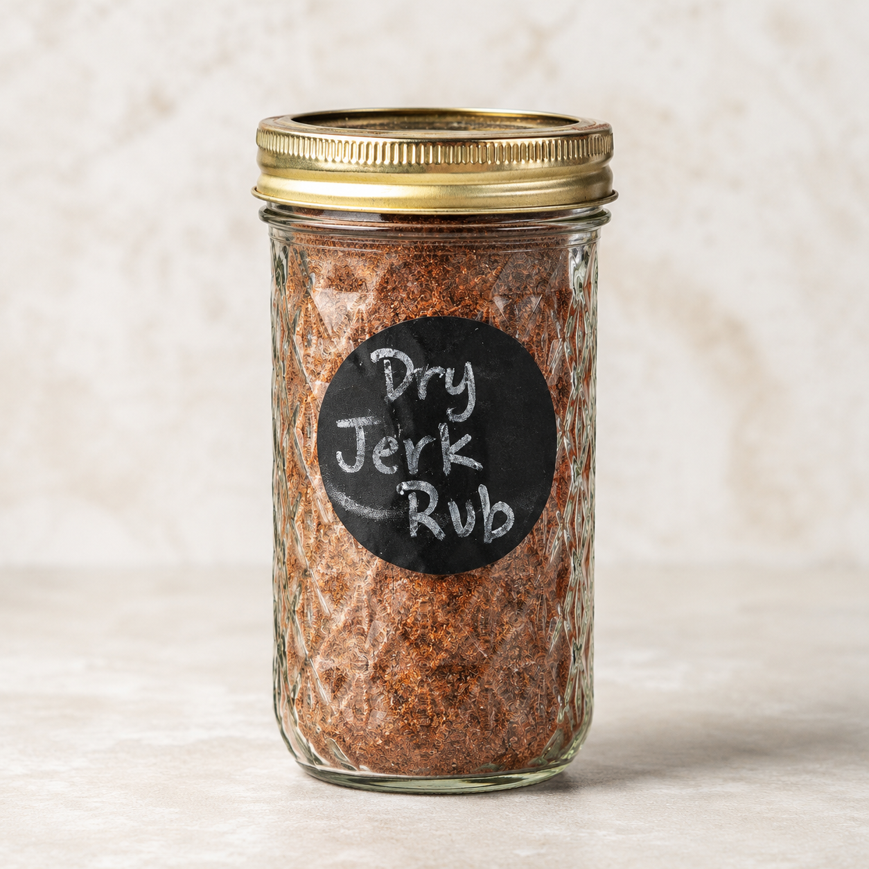 A glass jar filled with dry rub labeled 'Dry Jerk Rub' with a gold lid set against a light, textured background.