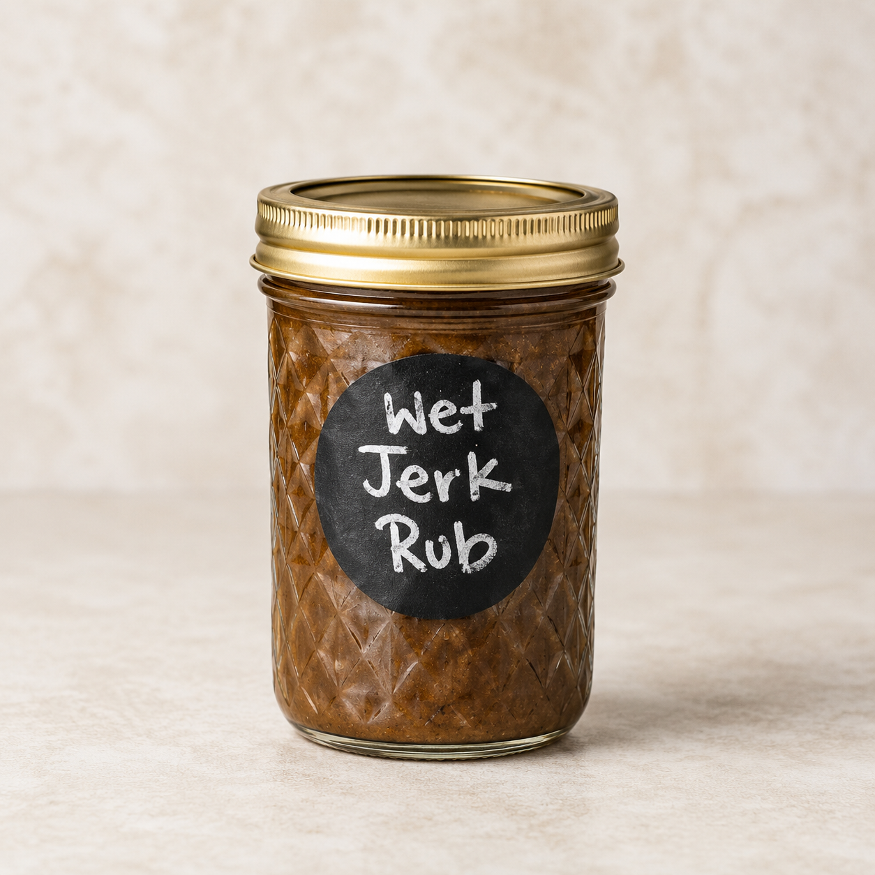 Glass jar labeled 'Wet Jerk Rub' containing a spicy seasoning mix with a gold metal lid.