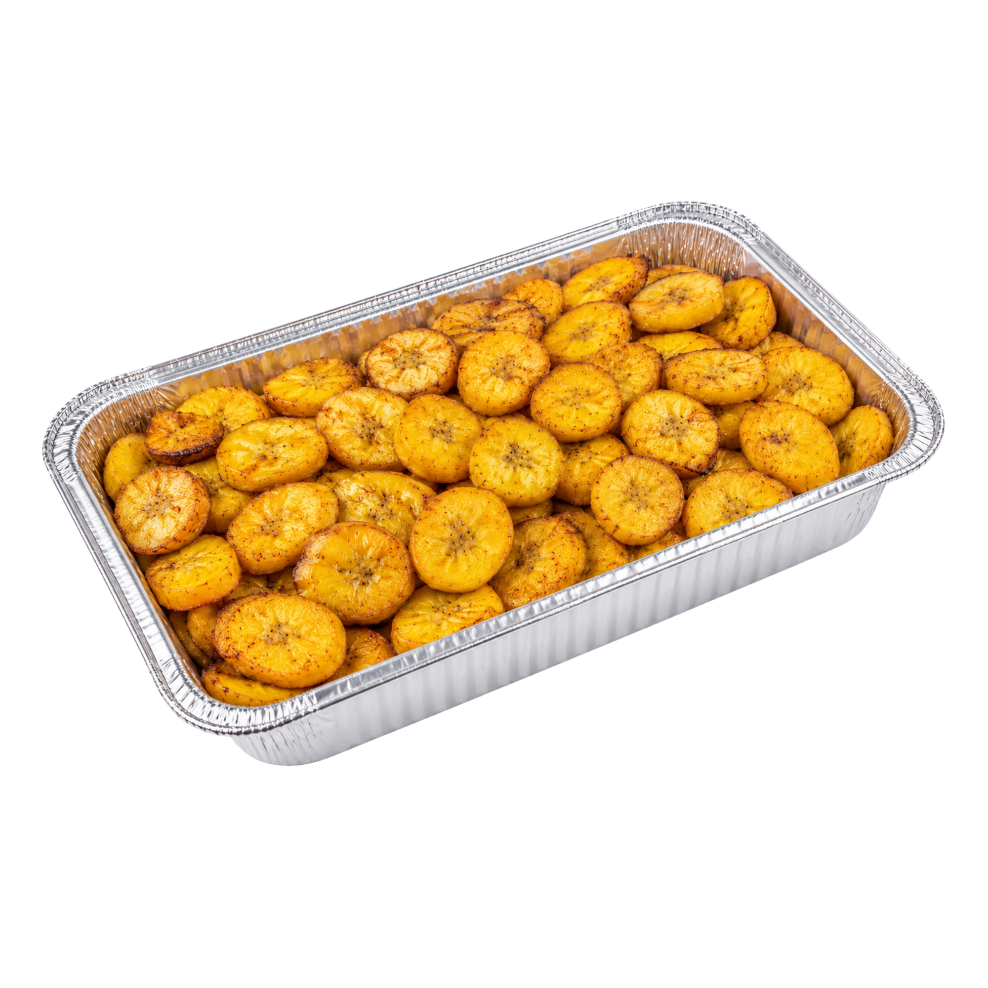 A rectangular aluminum tray filled with roasted and seasoned plantain slices.