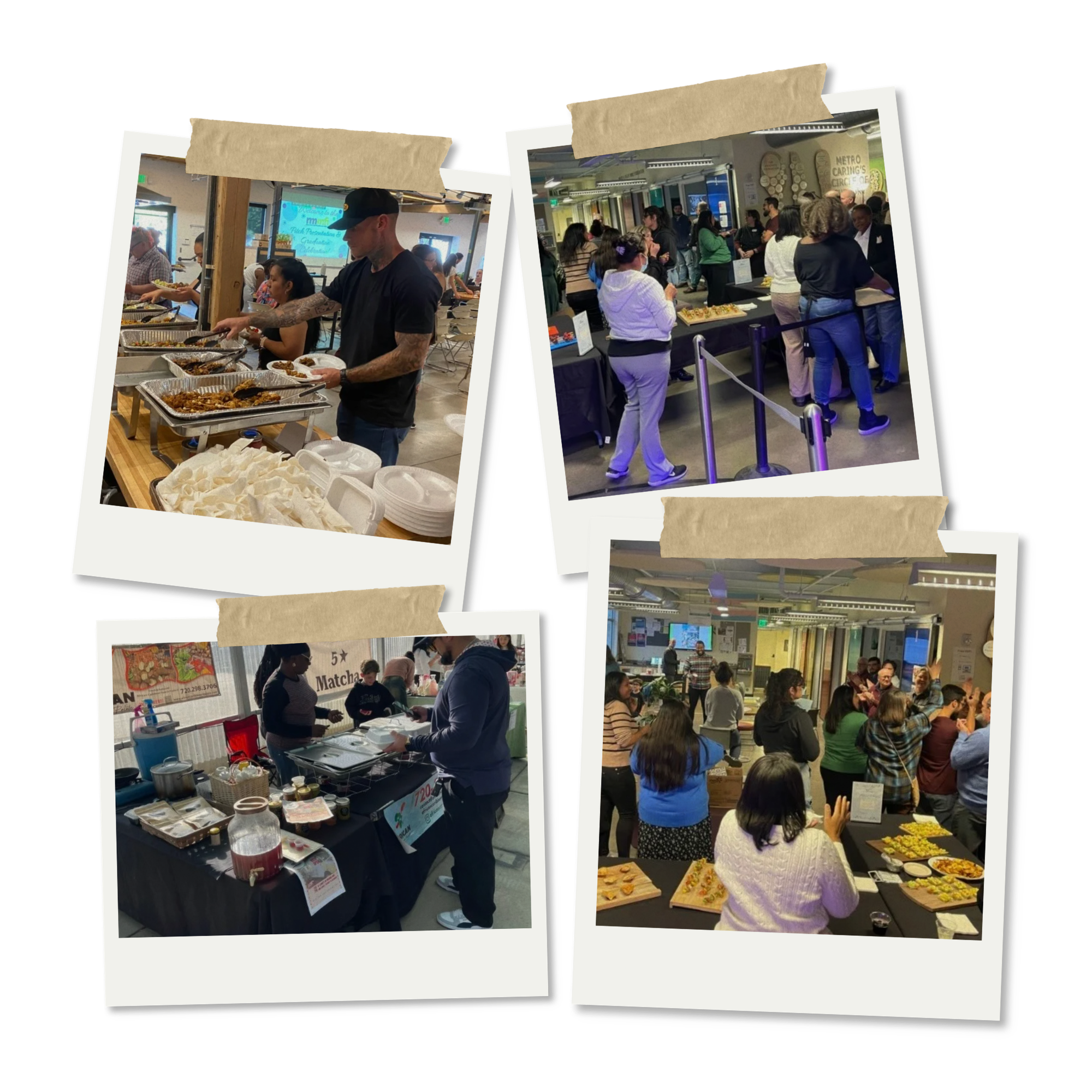 Photos of people at indoor events, including a buffet table with food and people in line or gathered around tables at different booths.