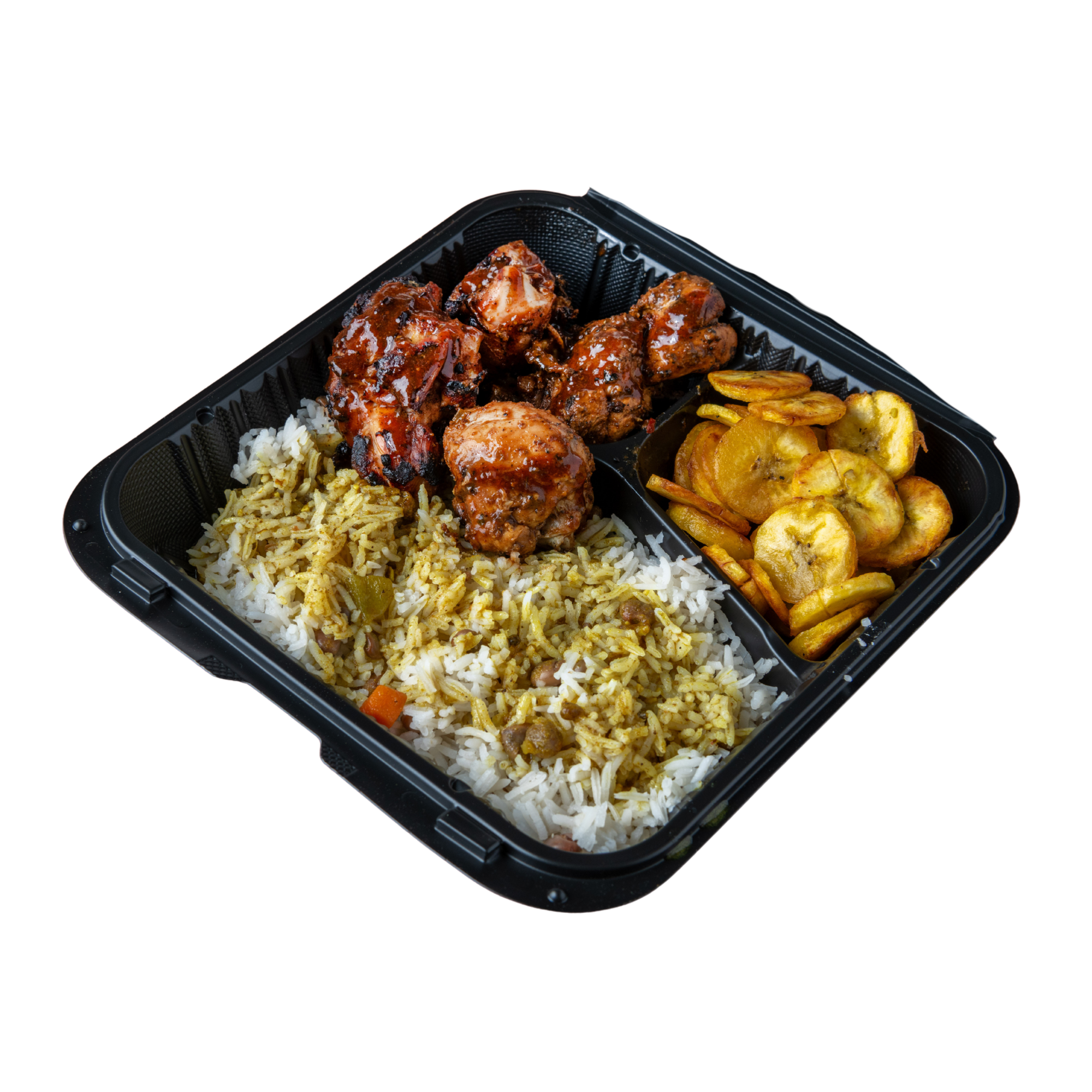 Black plastic meal tray with three compartments containing rice, glazed chicken, and crispy plantains.