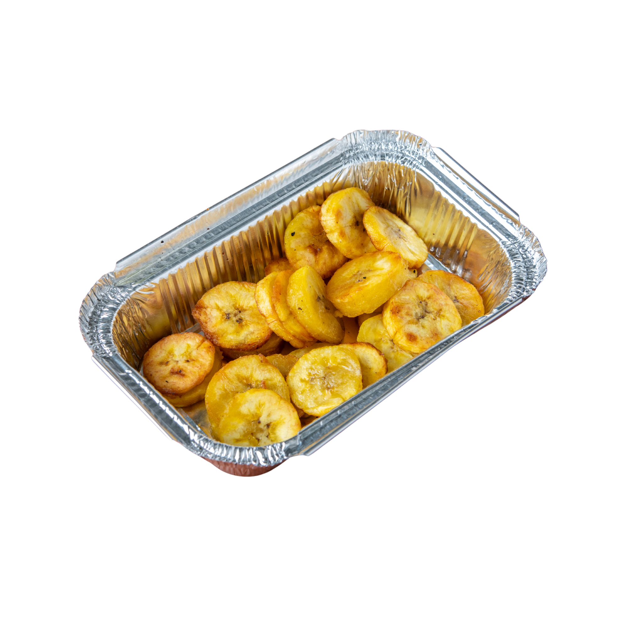 Aluminum tray filled with sliced, cooked bananas.