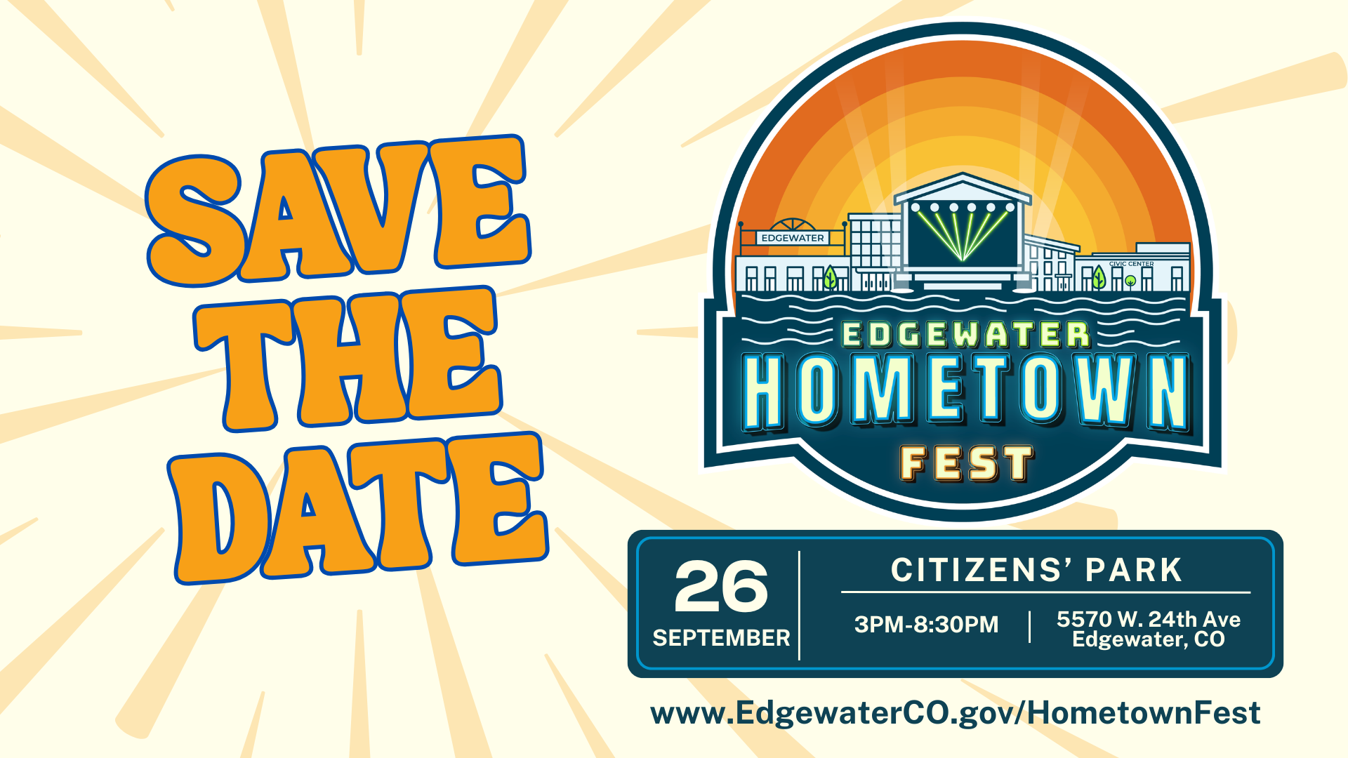 Event details for Edgewater Hometown Fest, happening on September 26 from 3 PM to 8:30 PM at Citizens' Park, 5570 W. 24th Ave, Edgewater, CO, with the website link for more information.