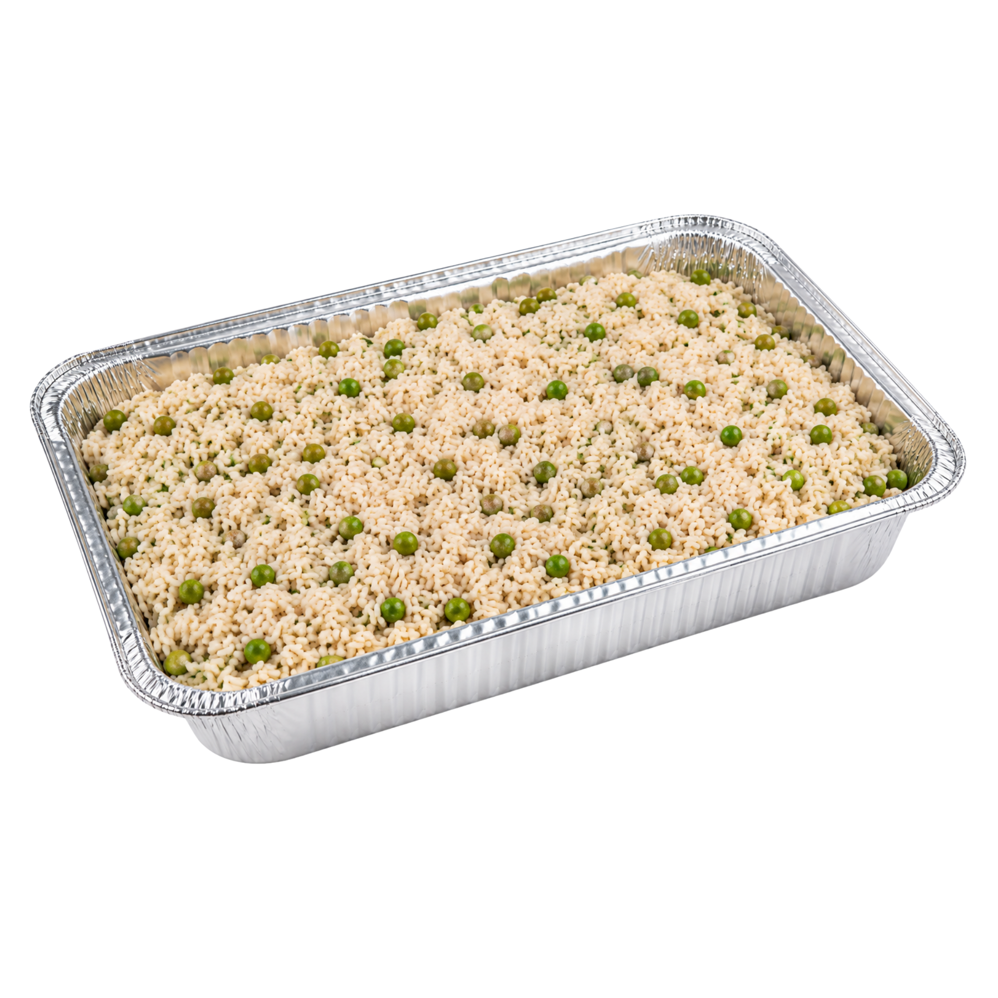 Aluminum tray filled with cooked rice and green peas against a black background.