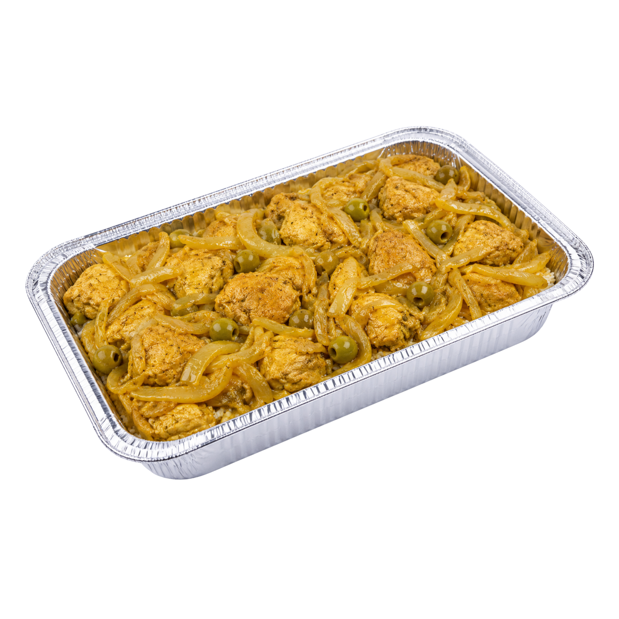 Aluminum tray of cooked chicken with onions and green olives.