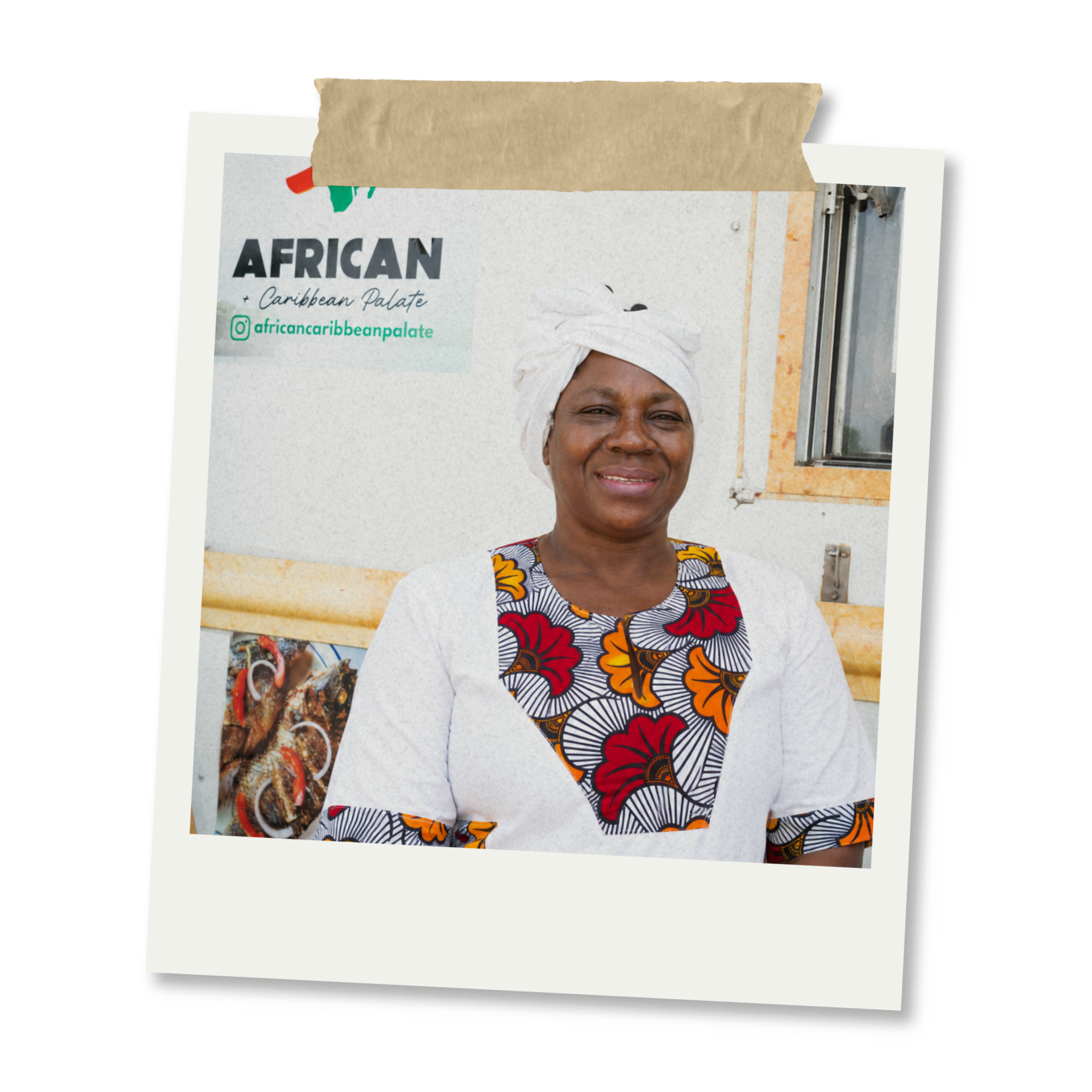 A digital collage featuring a woman with a headscarf, smiling, surrounded by images of food, a menu, and a sign for an African and Caribbean palate restaurant.