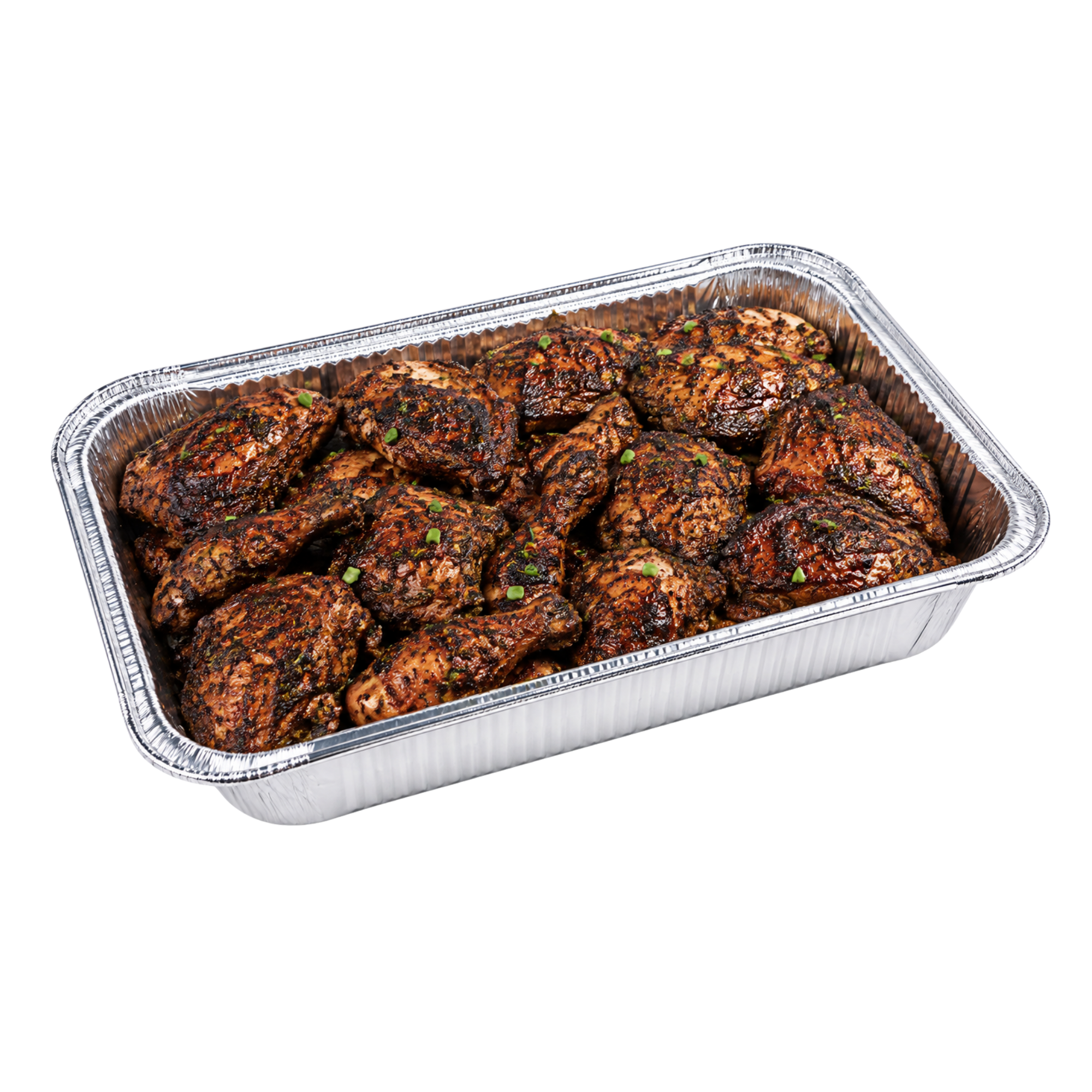 Aluminum tray of cooked, grilled chicken drumsticks garnished with chopped green herbs.