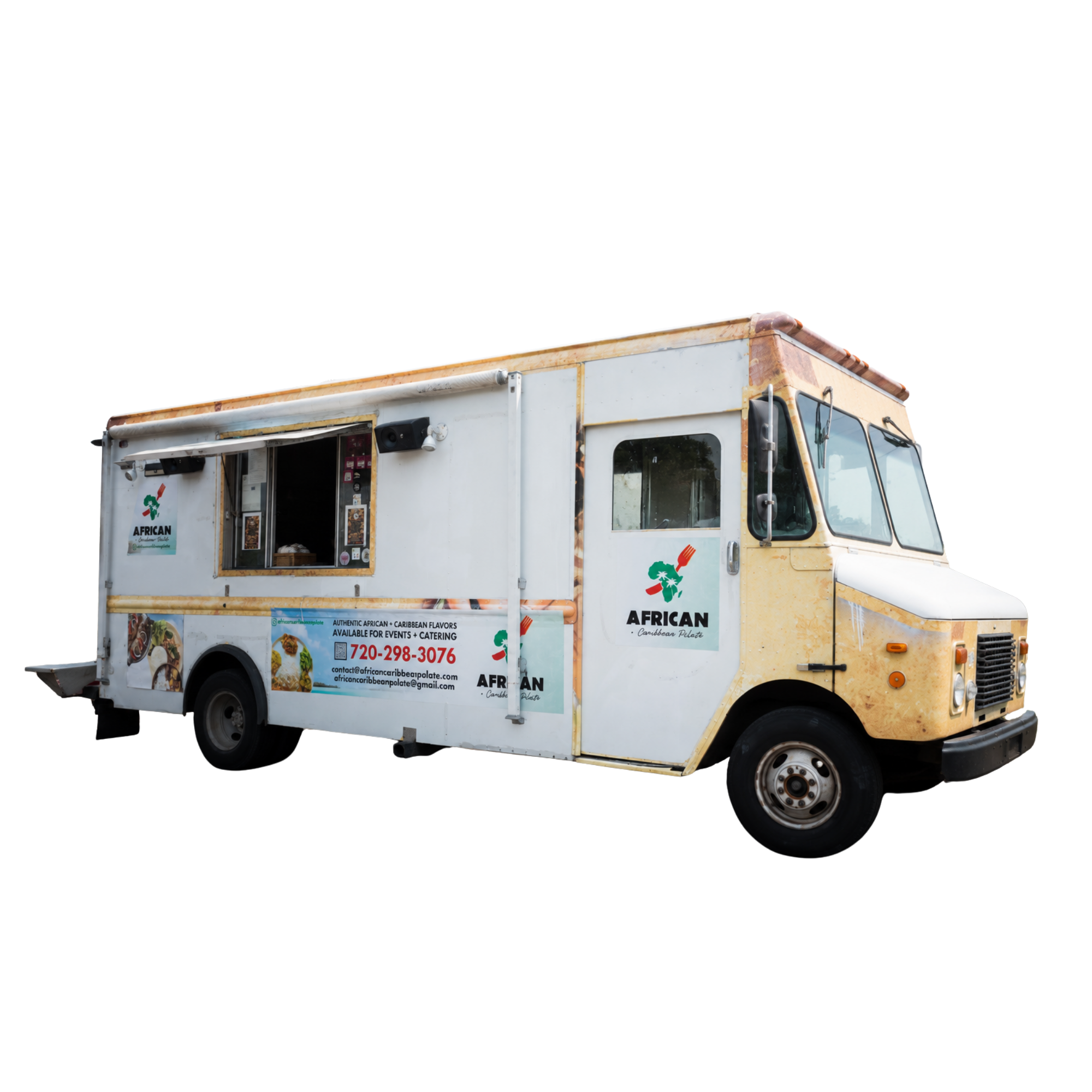 Food truck with African cuisine branding, serving window, and contact information displayed on the side.