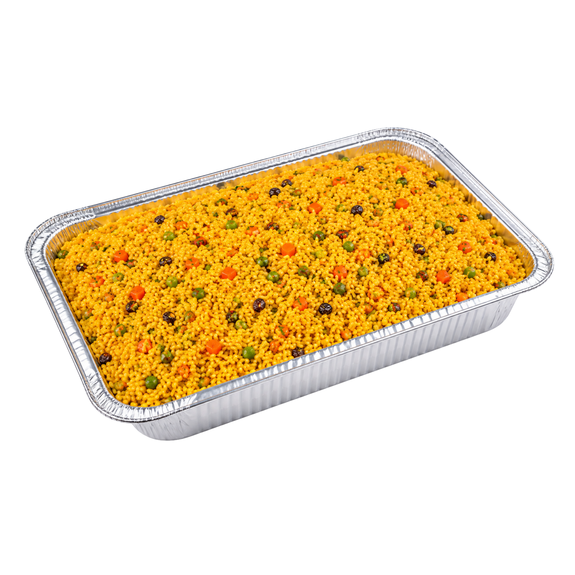 A large silver aluminum tray filled with seasoned yellow rice, mixed with small diced carrots, green peas, and raisins, suitable for serving at caterings or parties.