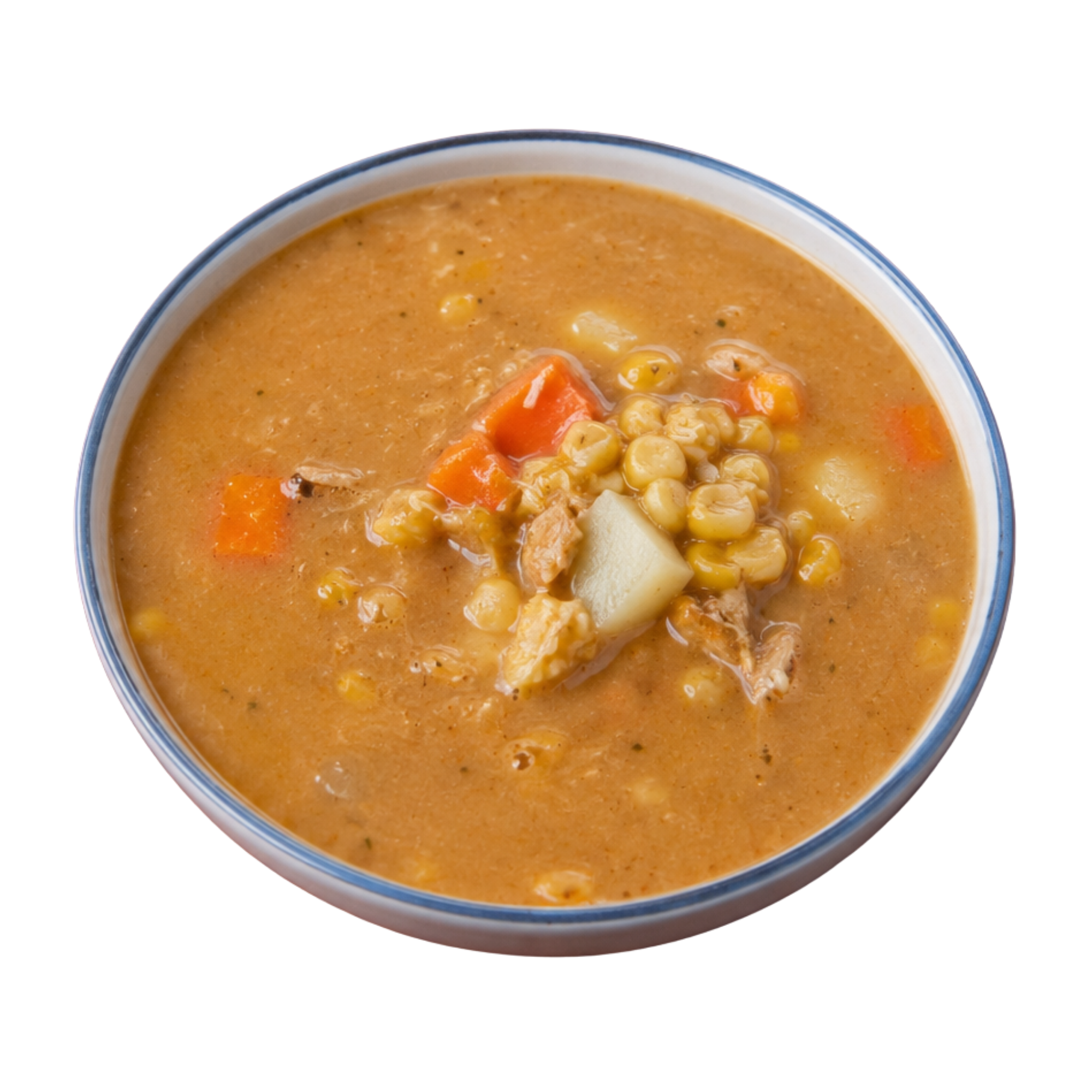 A bowl of creamy vegetable soup with visible carrots, corn, and herbs.
