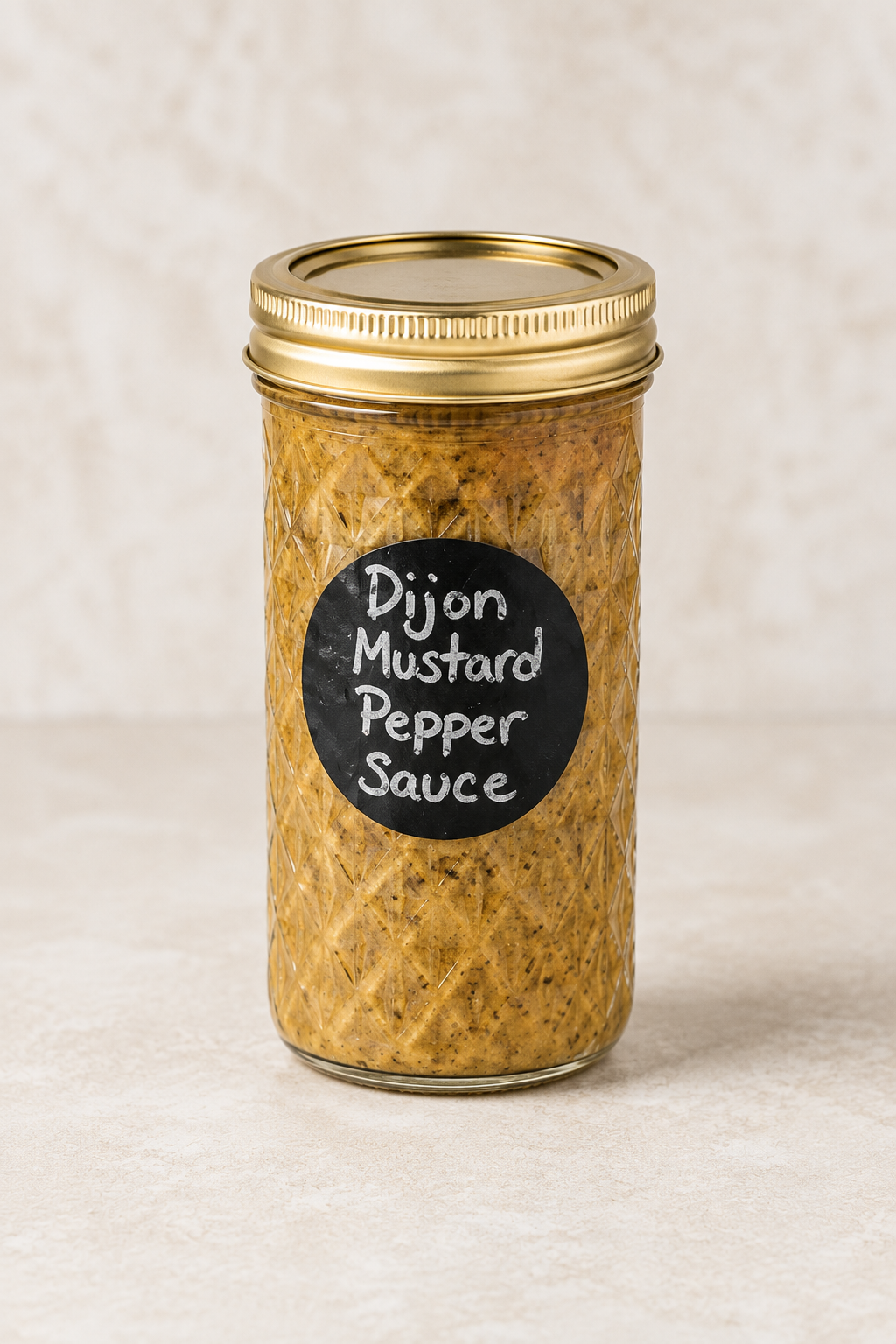 A glass jar labeled 'Dijon Mustard Pepper Sauce' with a gold lid, containing a mustard-colored sauce with visible black specks.