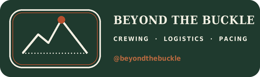 Logo with a mountain or peak and a dot on the highest point, alongside the text "BEYOND THE BUCKLE" and the words "CREWING, LOGISTICS, PACING" with the handle "@beyondthebuckle" on a dark green background.