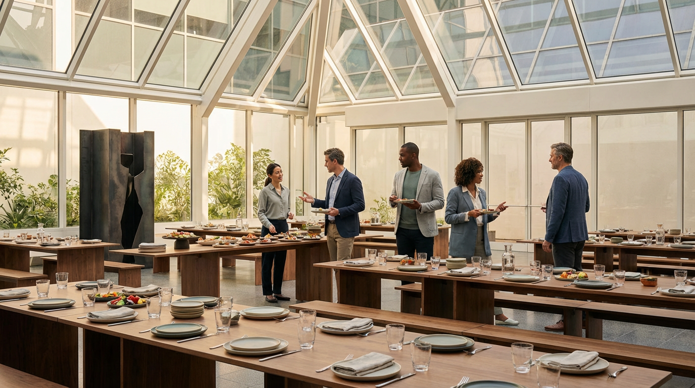 People in business attire preparing and discussing food at a buffet table in a bright, airy conservatory with large glass walls and ceiling.