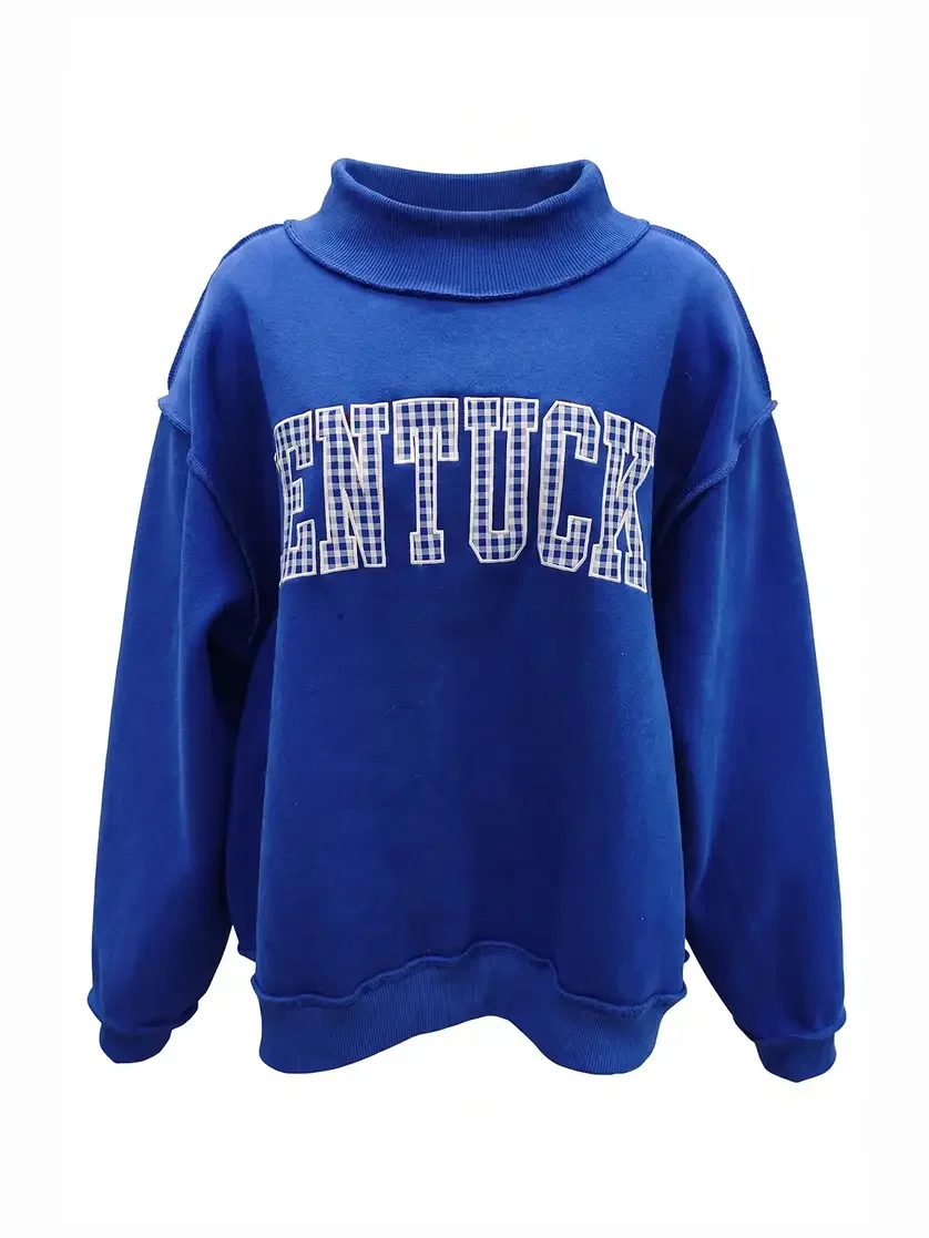 Kentucky Gingham Appliqué Mock-Neck Pullover – Blue
