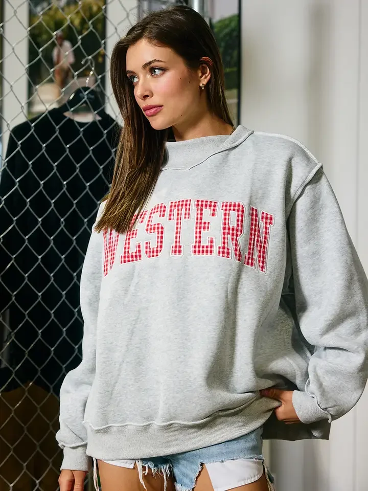 Western Gingham Appliqué Mock-Neck Pullover – Heather grey