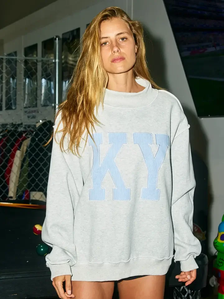 KY Striped Appliqué Mock-Neck Pullover – Heather Grey