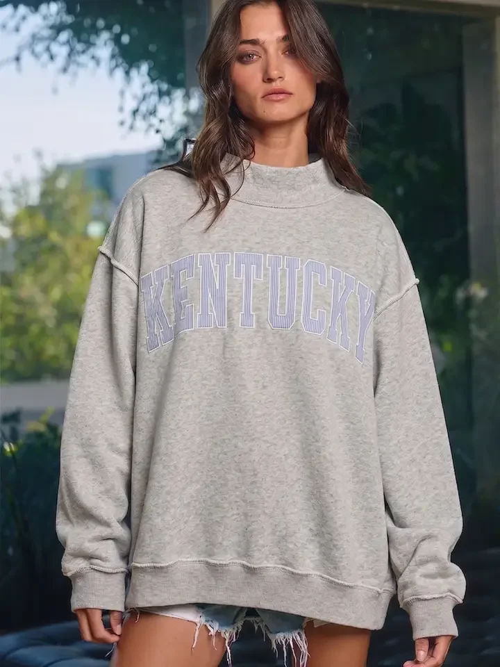 Kentucky Striped Appliqué Mock-Neck Pullover – Heather Grey