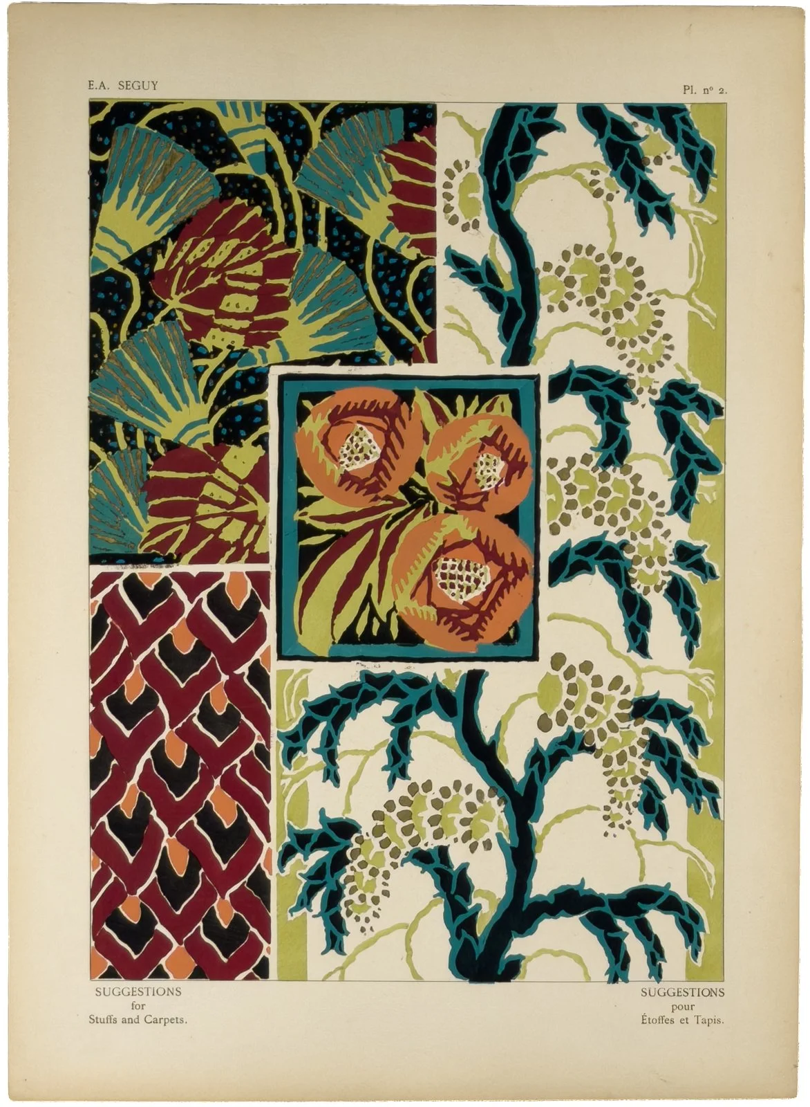 Plate n°2 from "Suggestions pour étoffes et tapis: 60 motifs en couleur" by E.A. Séguy. $250