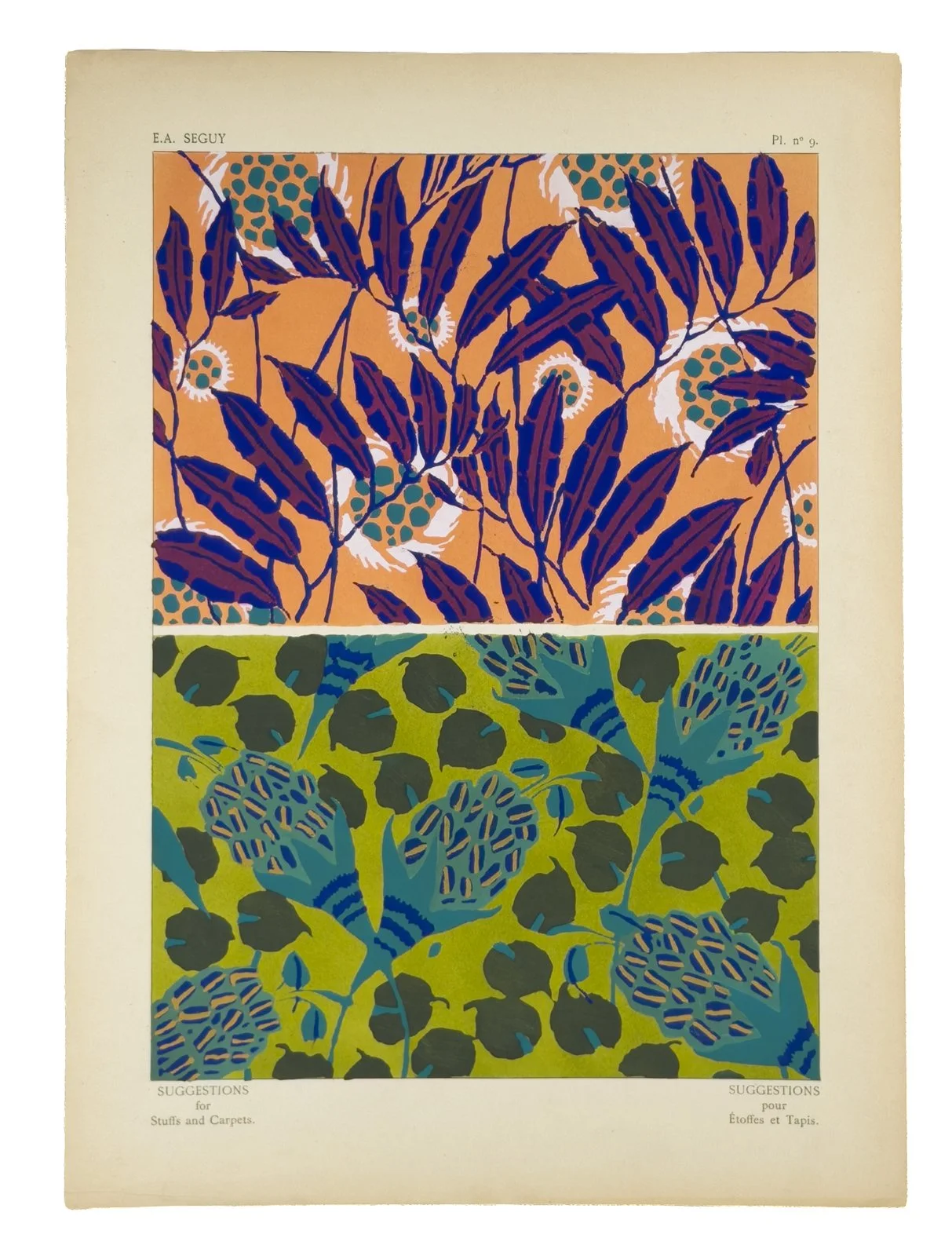 Plate n°9 from "Suggestions pour étoffes et tapis: 60 motifs en couleur" by E.A. Séguy. $250