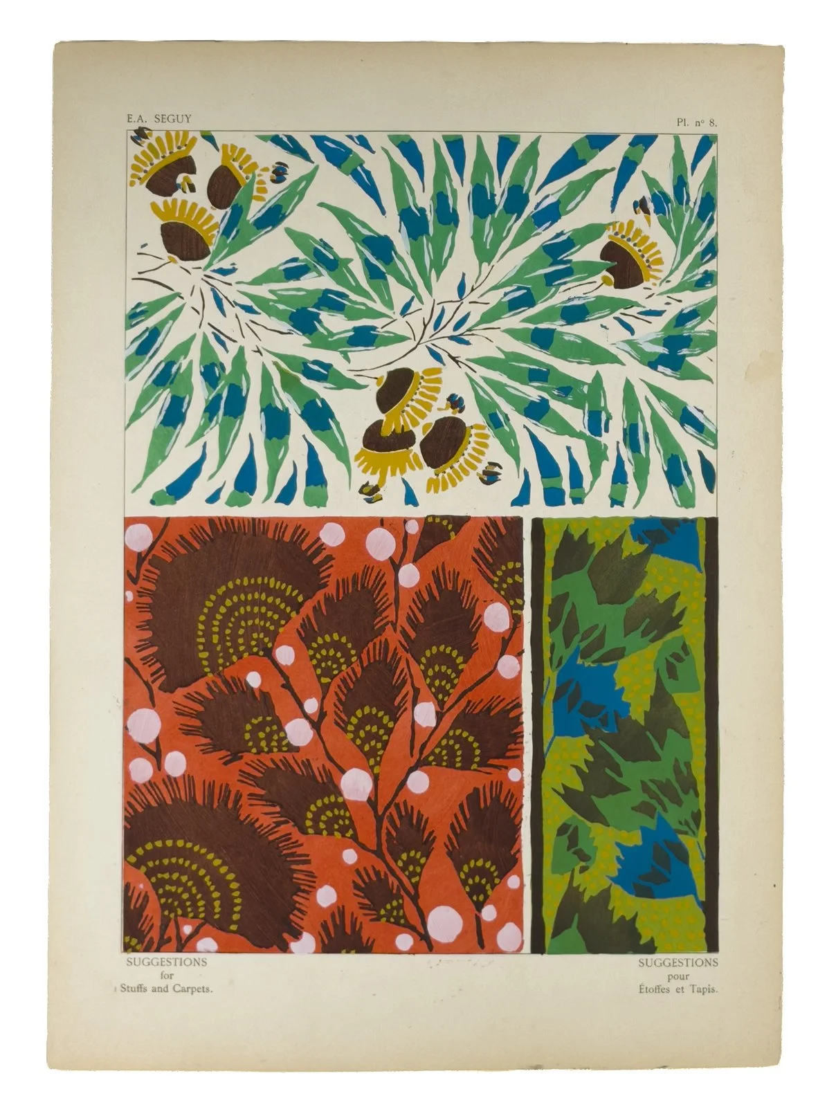 Plate n°8 from "Suggestions pour étoffes et tapis: 60 motifs en couleur" by E.A. Séguy. $250