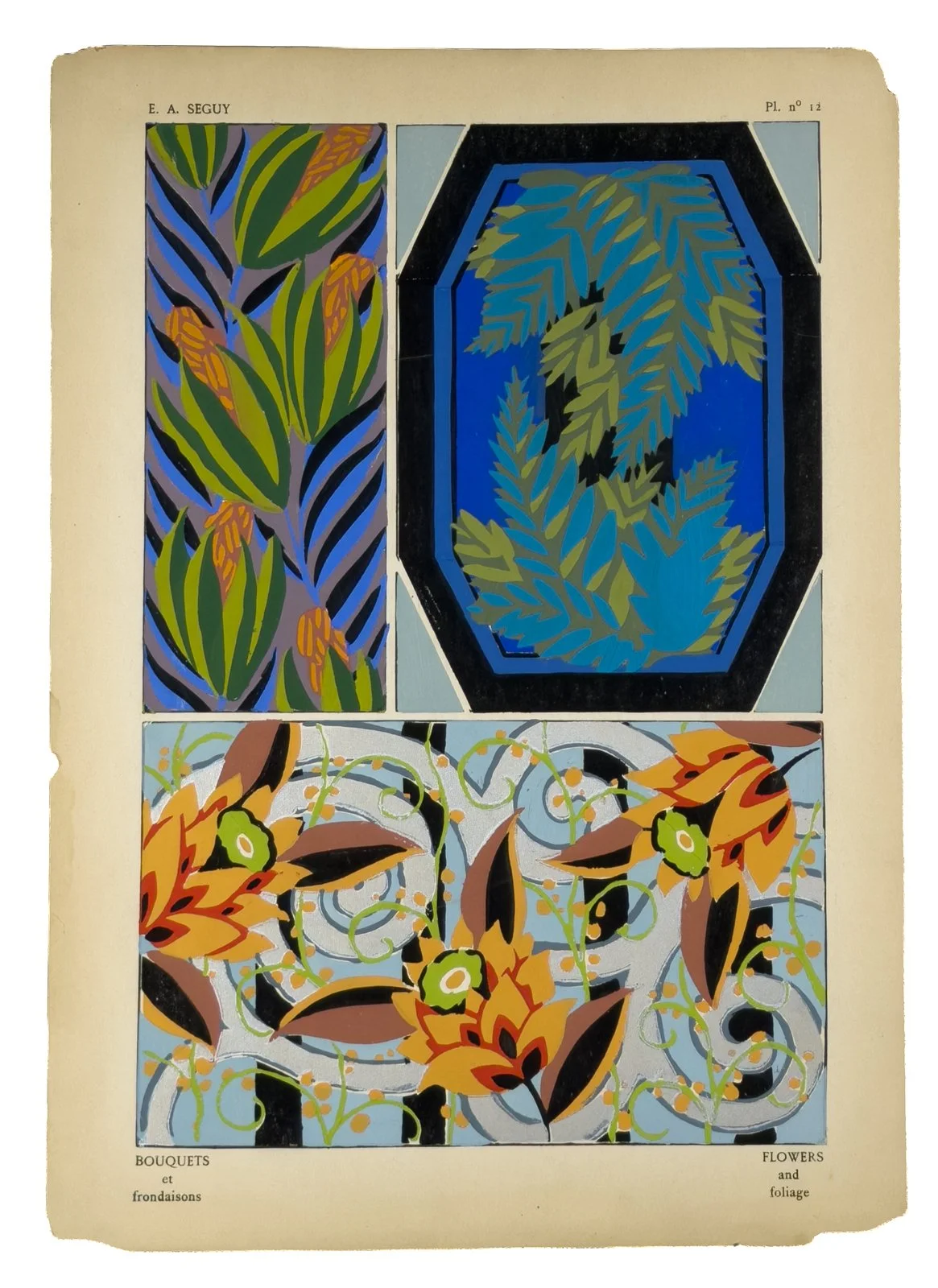 Plate n°12 from "Suggestions pour étoffes et tapis: 60 motifs en couleur" by E.A. Séguy. $250