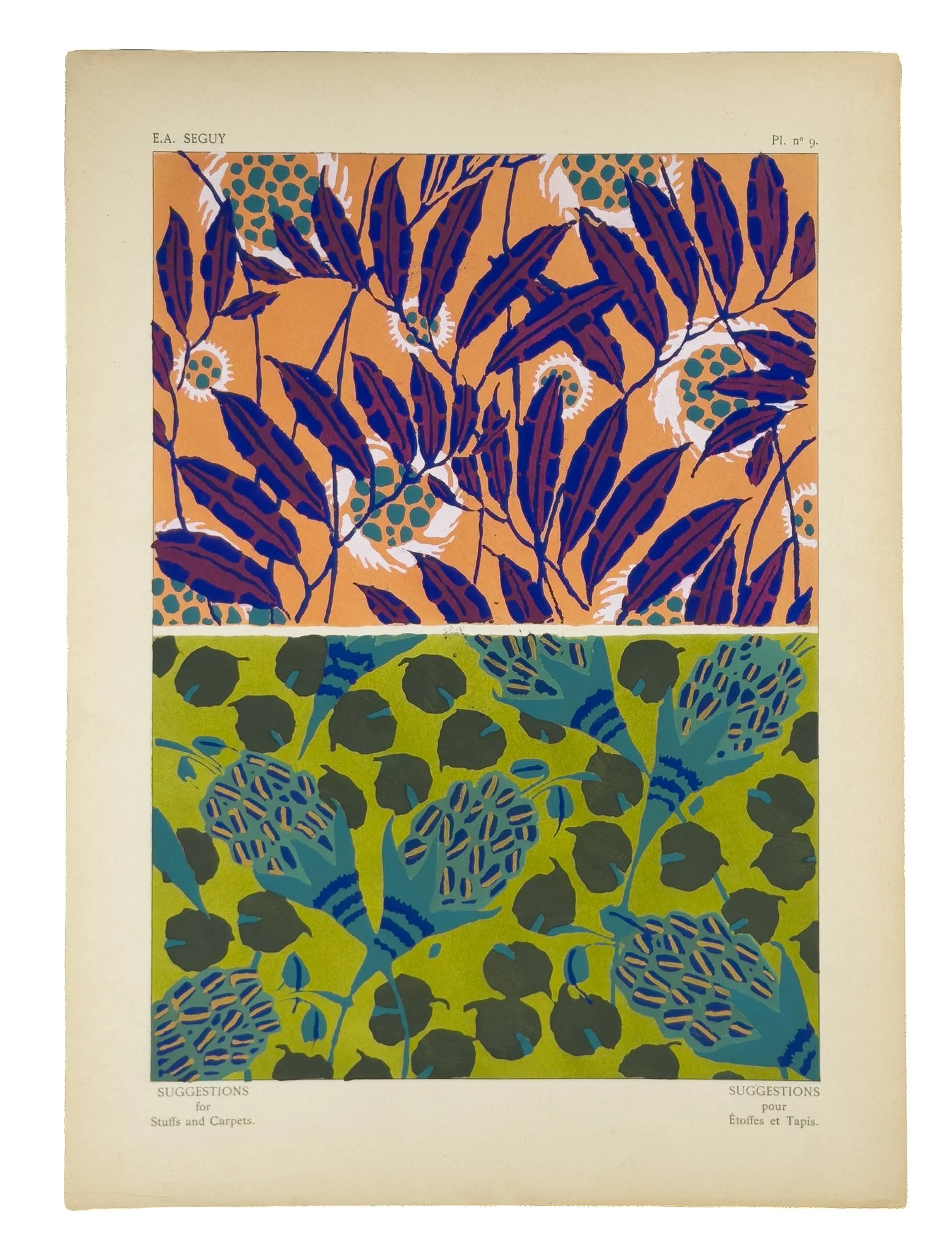 A vintage print of colorful floral pattern designs with purple, green, blue, and black, likely for stencils or carpets, published by E. A. Seguy with suggestions for stencils and carpets in English and French.