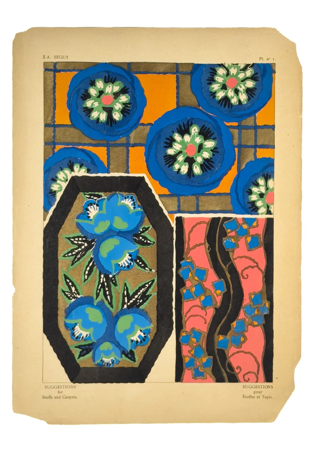 Plate n°1 from "Suggestions pour étoffes et tapis: 60 motifs en couleur" by E.A. Séguy. $250