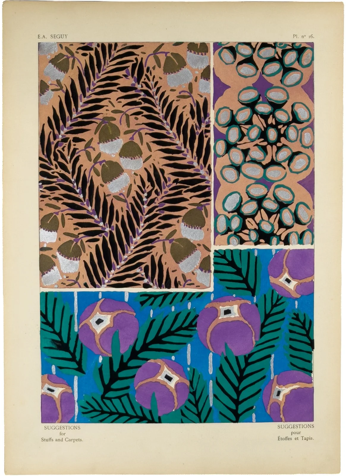 Plate n°16 from "Suggestions pour étoffes et tapis: 60 motifs en couleur" by E.A. Séguy. $250