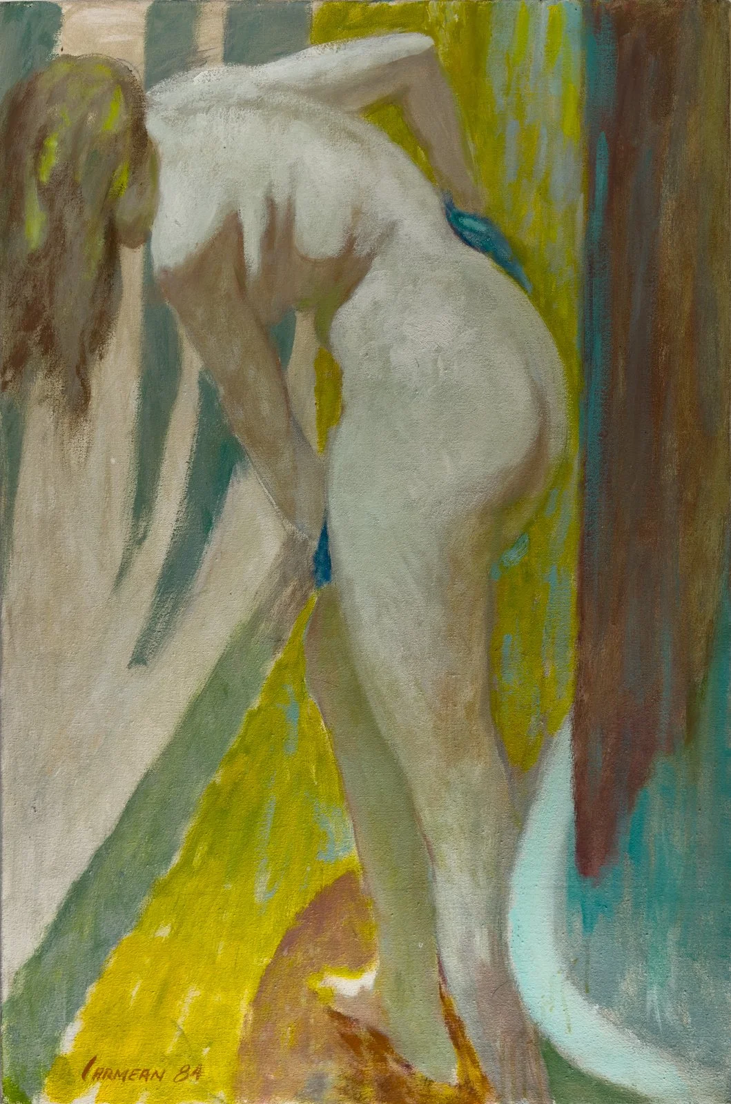 An abstract oil painting of a nude woman with flowing hair, positioned with her back to the viewer, with vibrant background colors of yellow, blue, and brown.