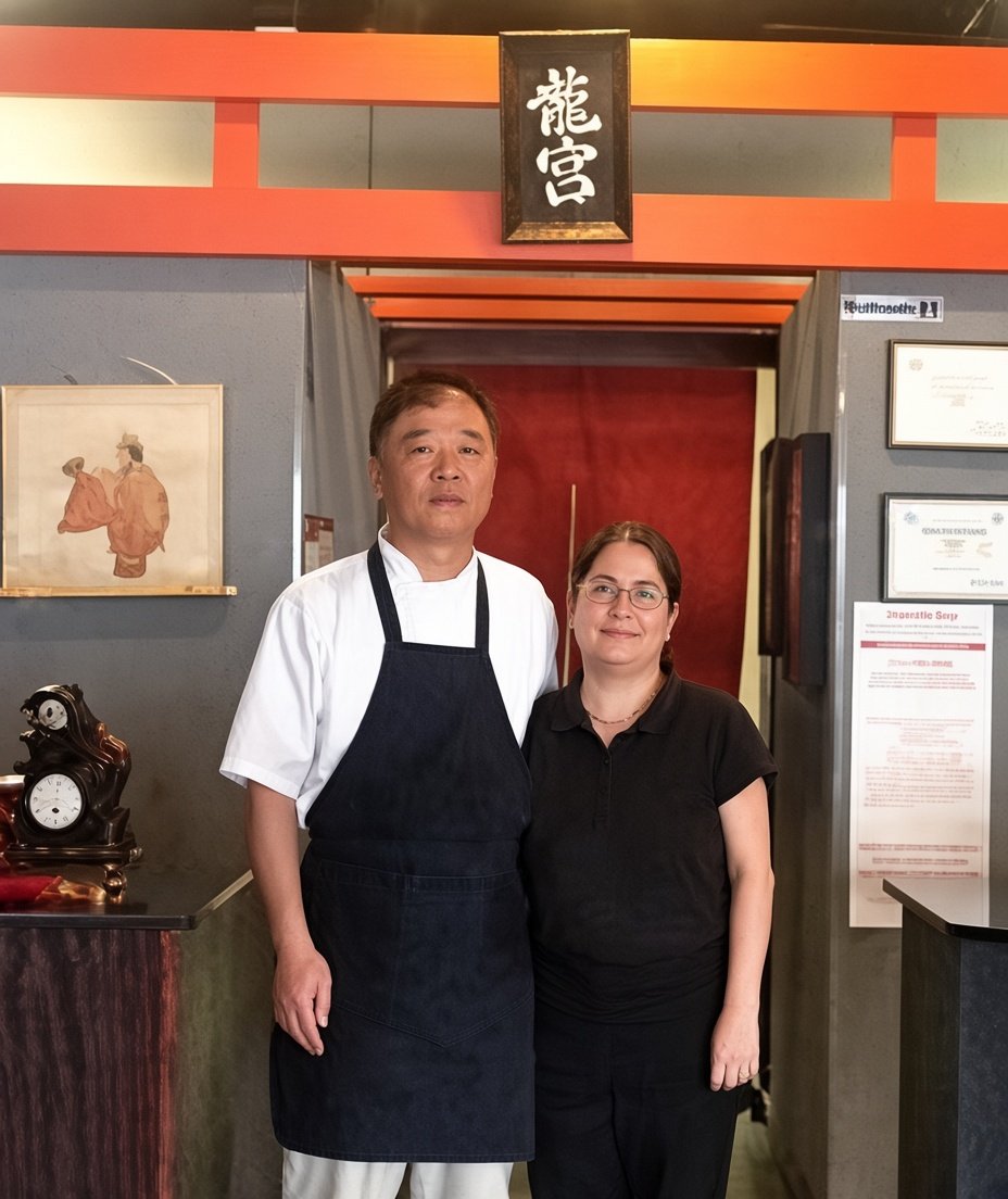 The owners, Masahito Sano, a man in a white shirt and black apron standing next to his wife, Kelly, in black clothing inside a restaurant, with Japanese decor and framed certificates on the wall.