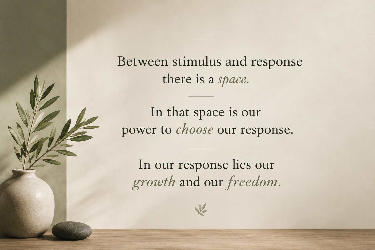 A quote about response and growth on a light beige background, with a green leafy branch in a ceramic vase and a smooth stone on a wooden surface.