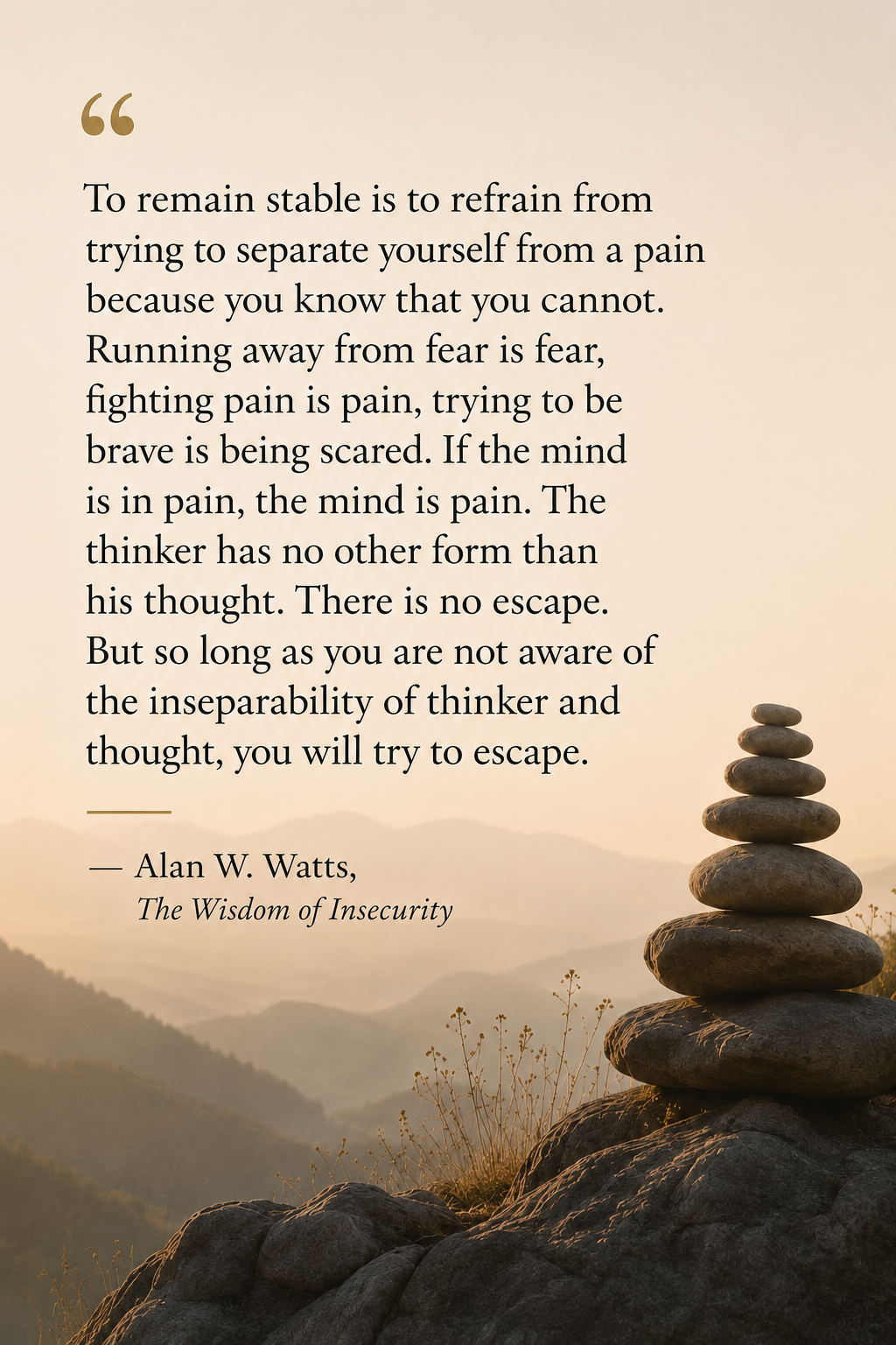 Quote about overcoming fear and pain from Alan W. Watts, with an image of stacked stones on a rocky landscape with mountains in the background at sunset.