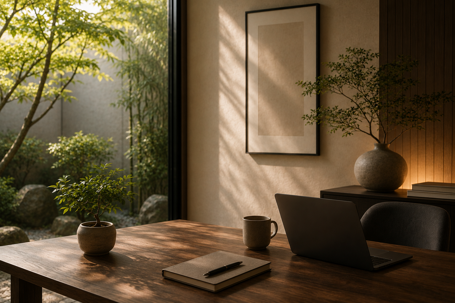 Interior of a modern home office with a wooden desk, laptop, notebook, pen, coffee mug, and potted plants, illuminated by natural sunlight from outside.