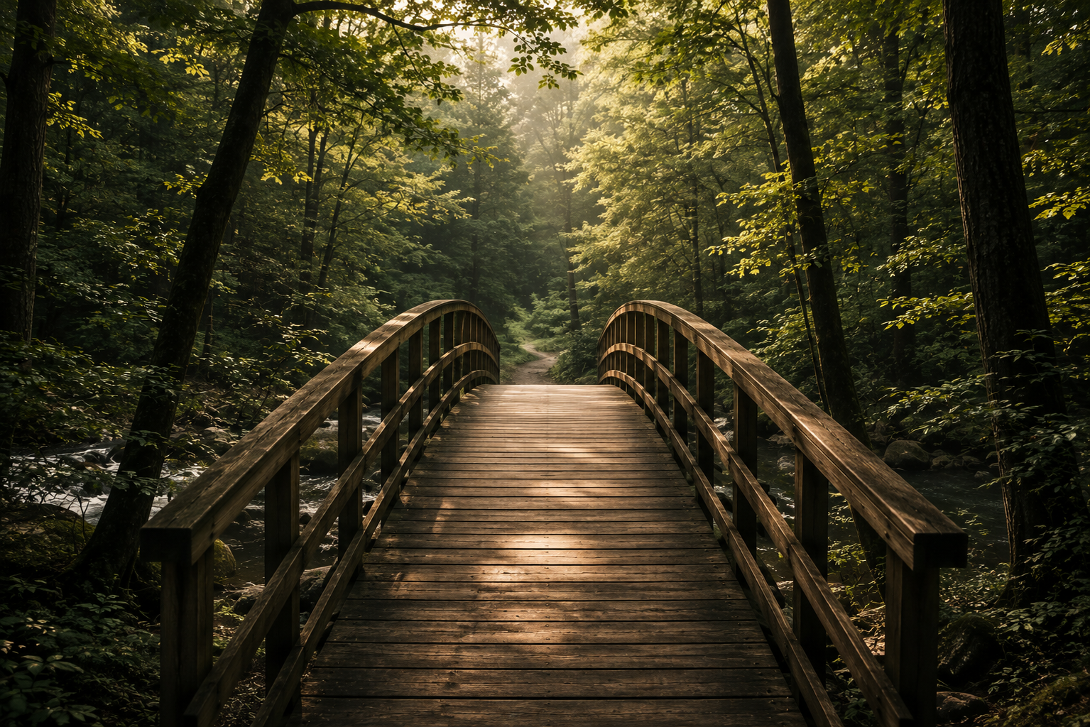A wooden footbridge crossing a small stream in a lush green forest, with sunlight filtering through the trees.