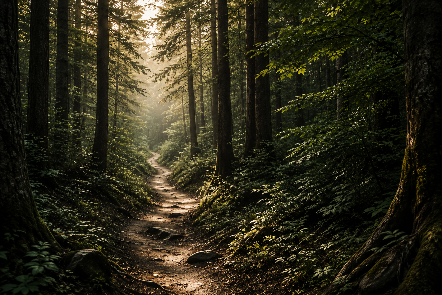 A narrow dirt trail winding through a dense forest with tall trees and lush green foliage, sunlight filtering through the trees.
