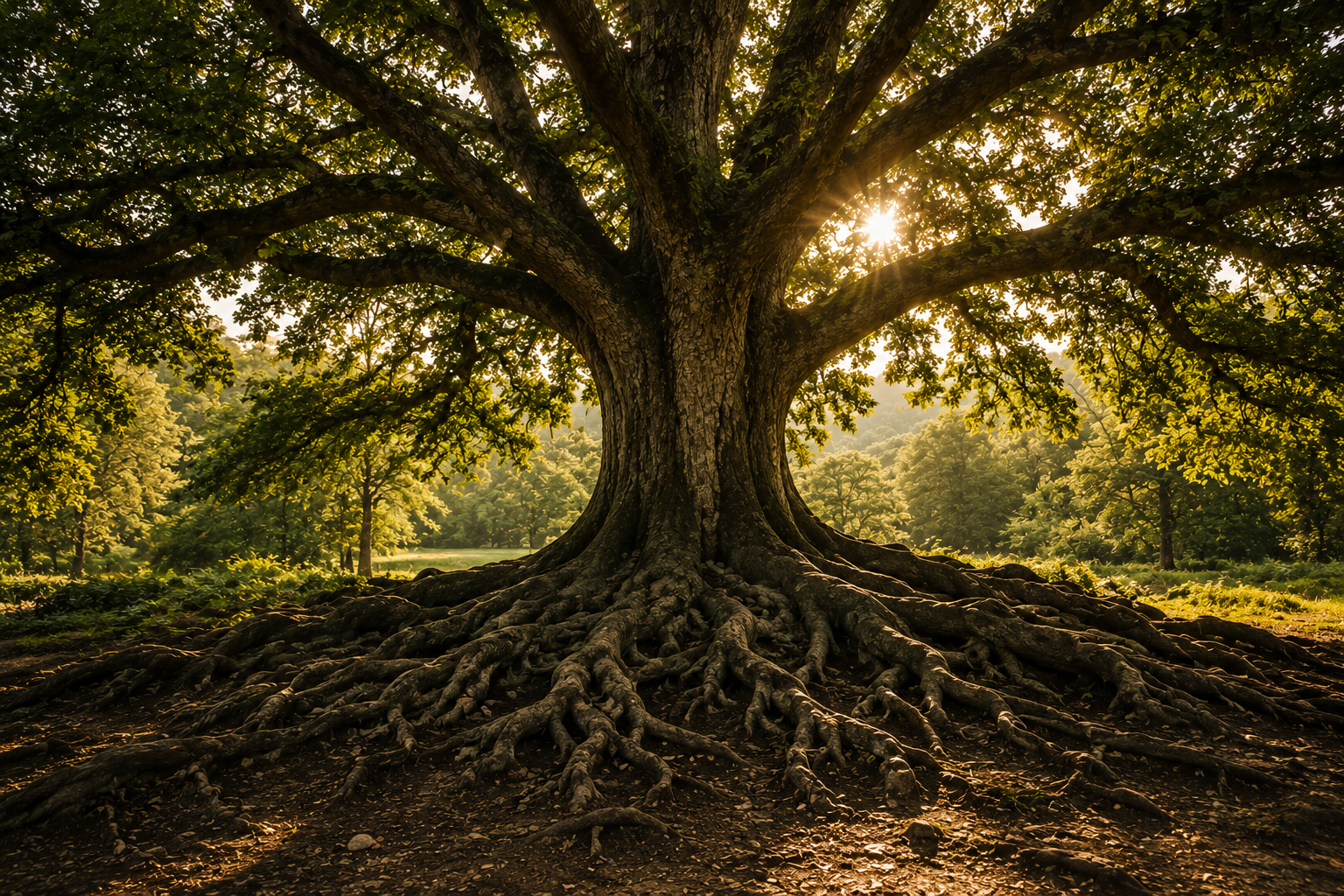 A large tree with sprawling roots and green foliage, sunlight shining through the branches in a forested area.