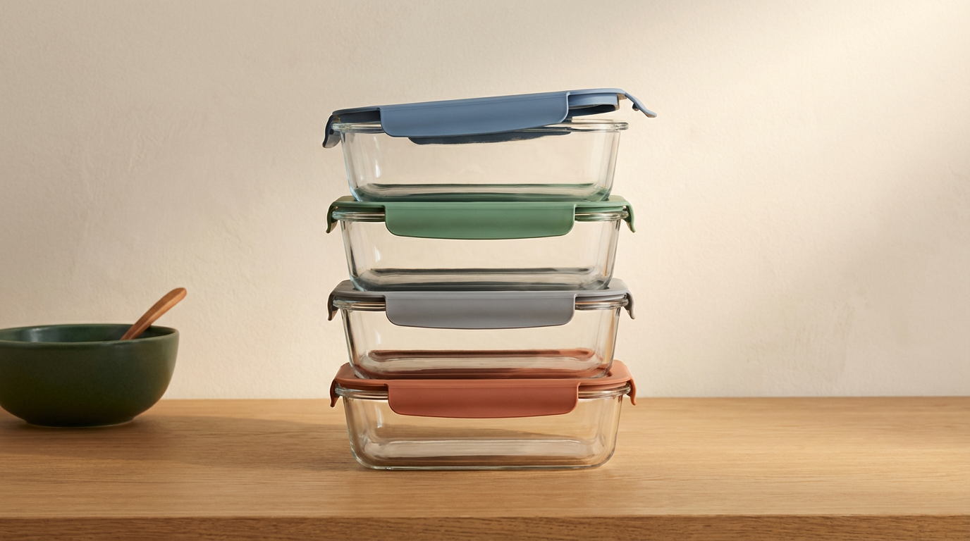 Stack of four glass food storage containers with colored lids, placed on a wooden surface, with a green bowl and a wooden utensil to the left.