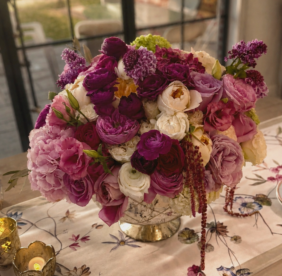Colorful pink and purple floral centerpiece with roses, layered blooms, and playful textural details.