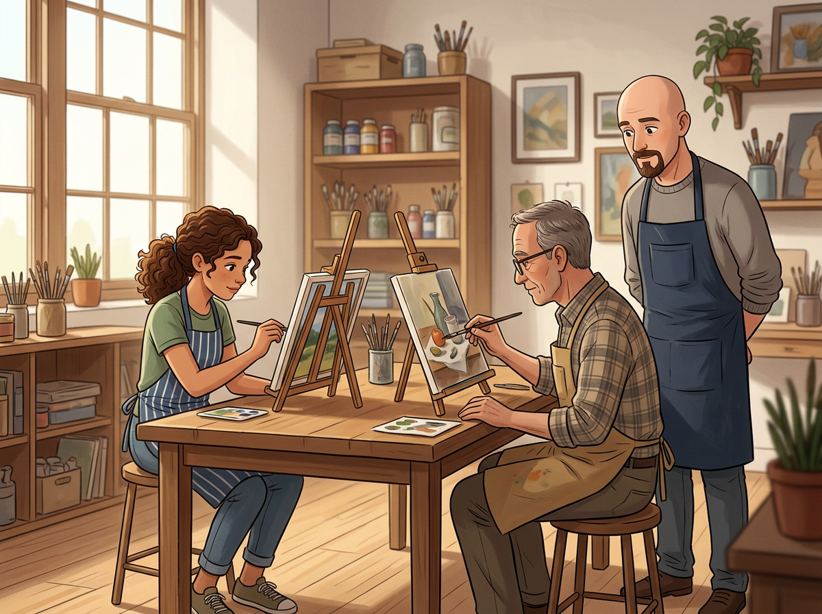 A female artist painting on an easel while a male artist works on his painting at a table. An instructor or mentor observes the students in a bright art studio with large windows, wooden shelves, and framed artwork on the walls.