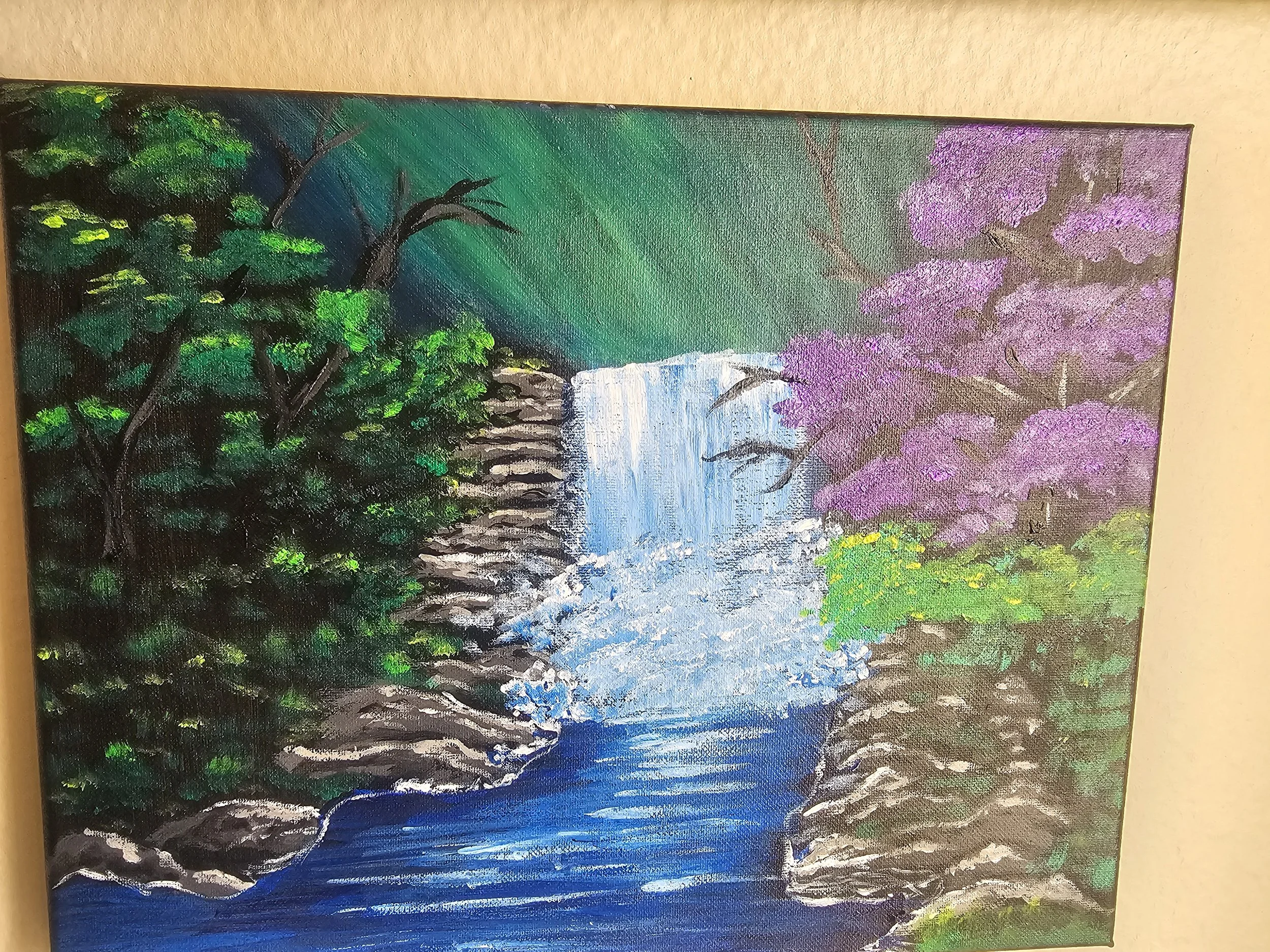 A landscape painting of a waterfall flowing over rocks surrounded by lush green trees on the left and pink blossoming trees on the right, with a vibrant green background.