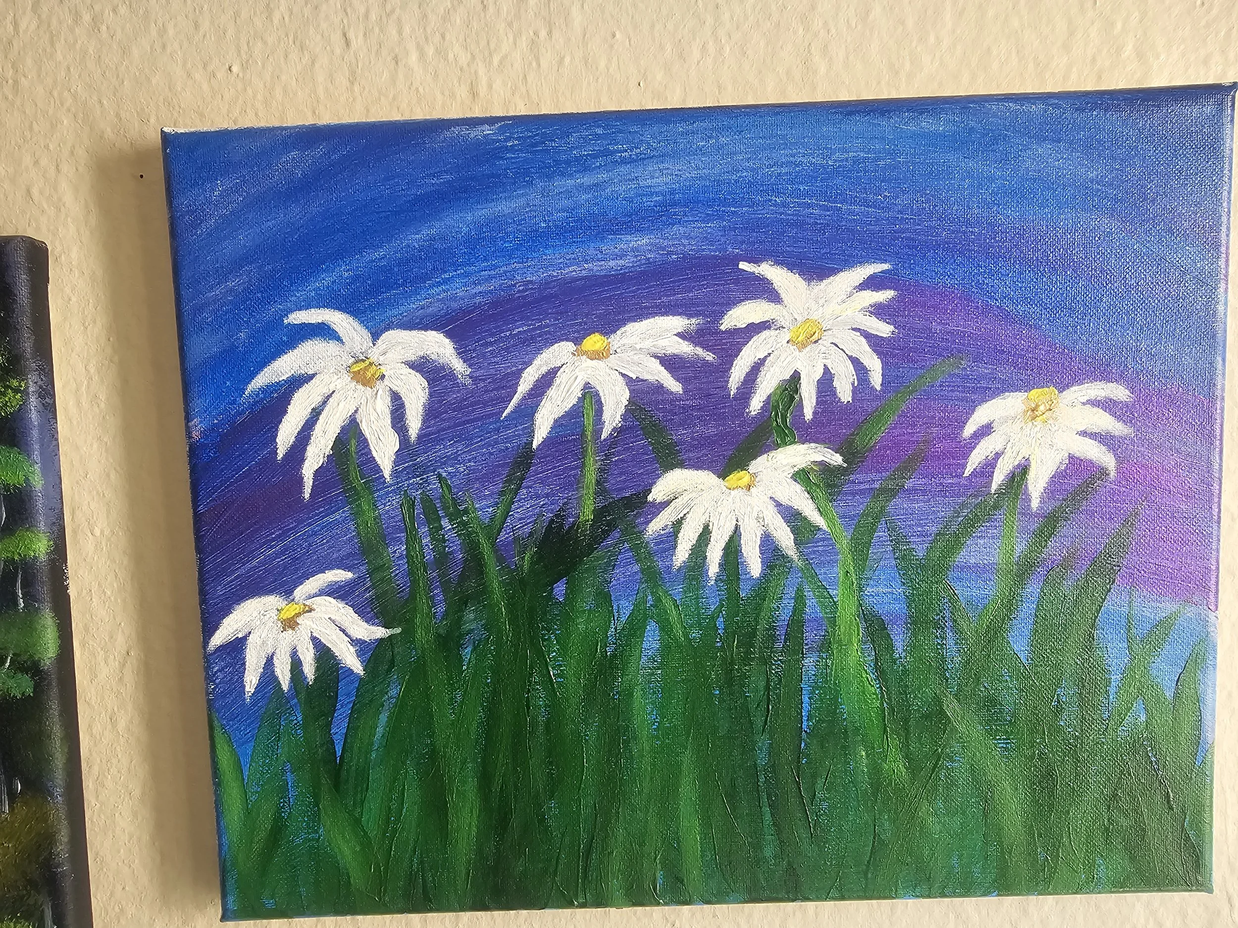 A painting of white daisies with yellow centers and green stems against a background that transitions from purple to blue.