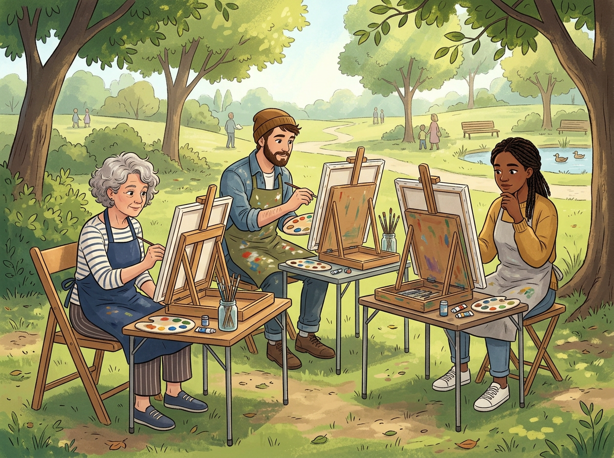 Three people painting outdoors in a park, seated under trees with painting supplies on tables, with a pond and other park visitors in the background.