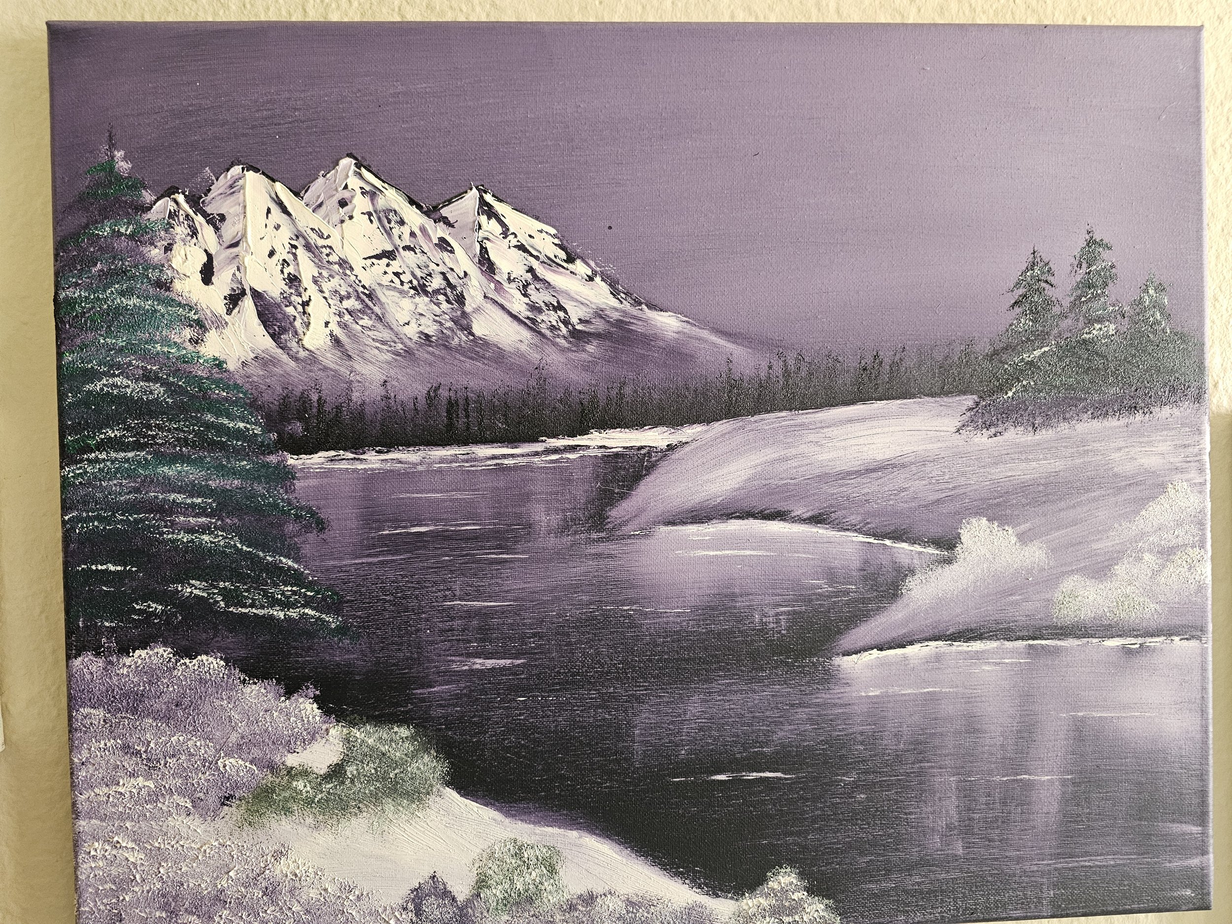 A painting of snow-capped mountains with a purple sky, pine trees on the left and right, and snow covering the ground.