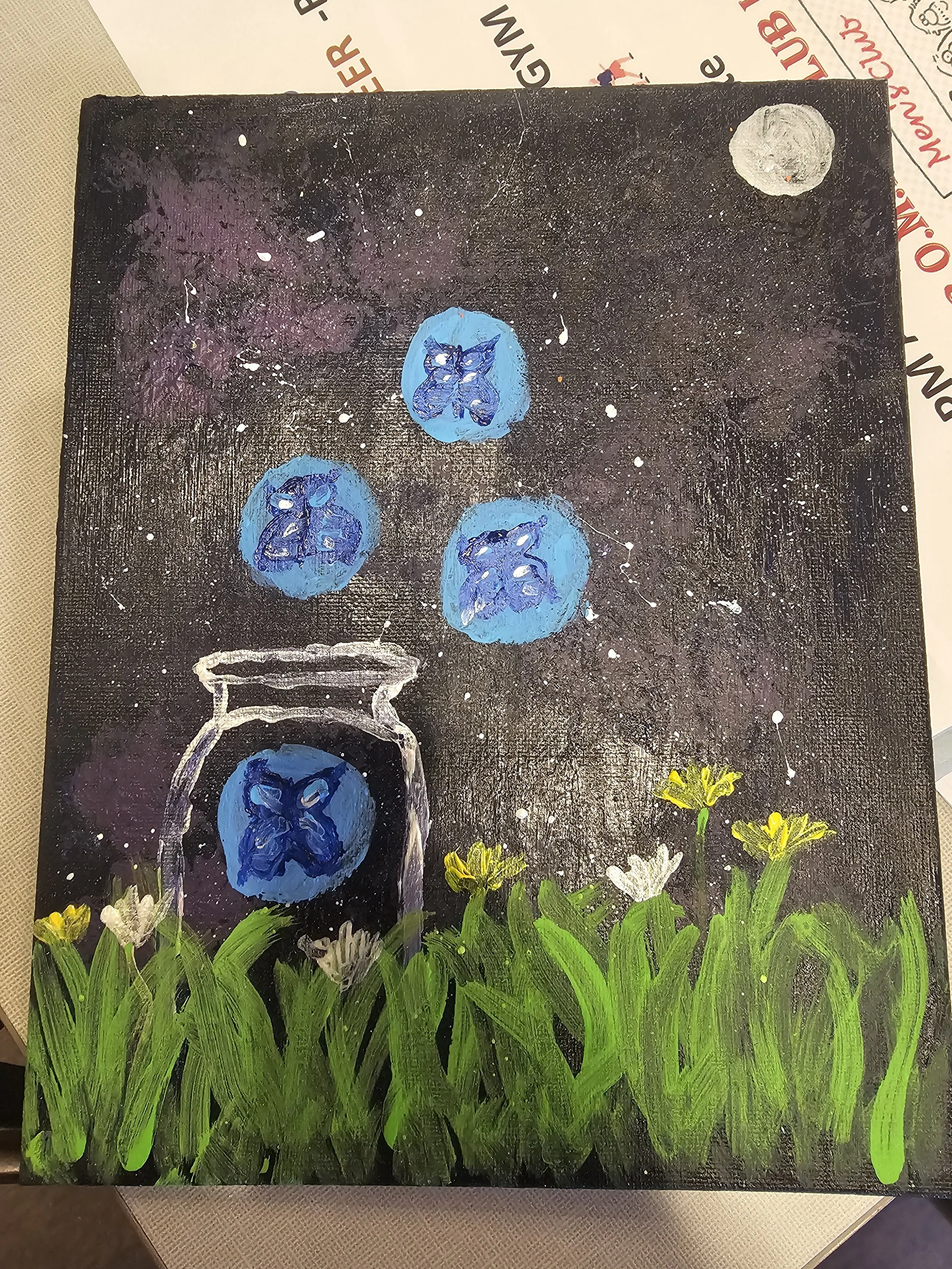 A painting of a starry night sky with a jar holding blue flowers, surrounded by green grass and yellow flowers at the bottom.