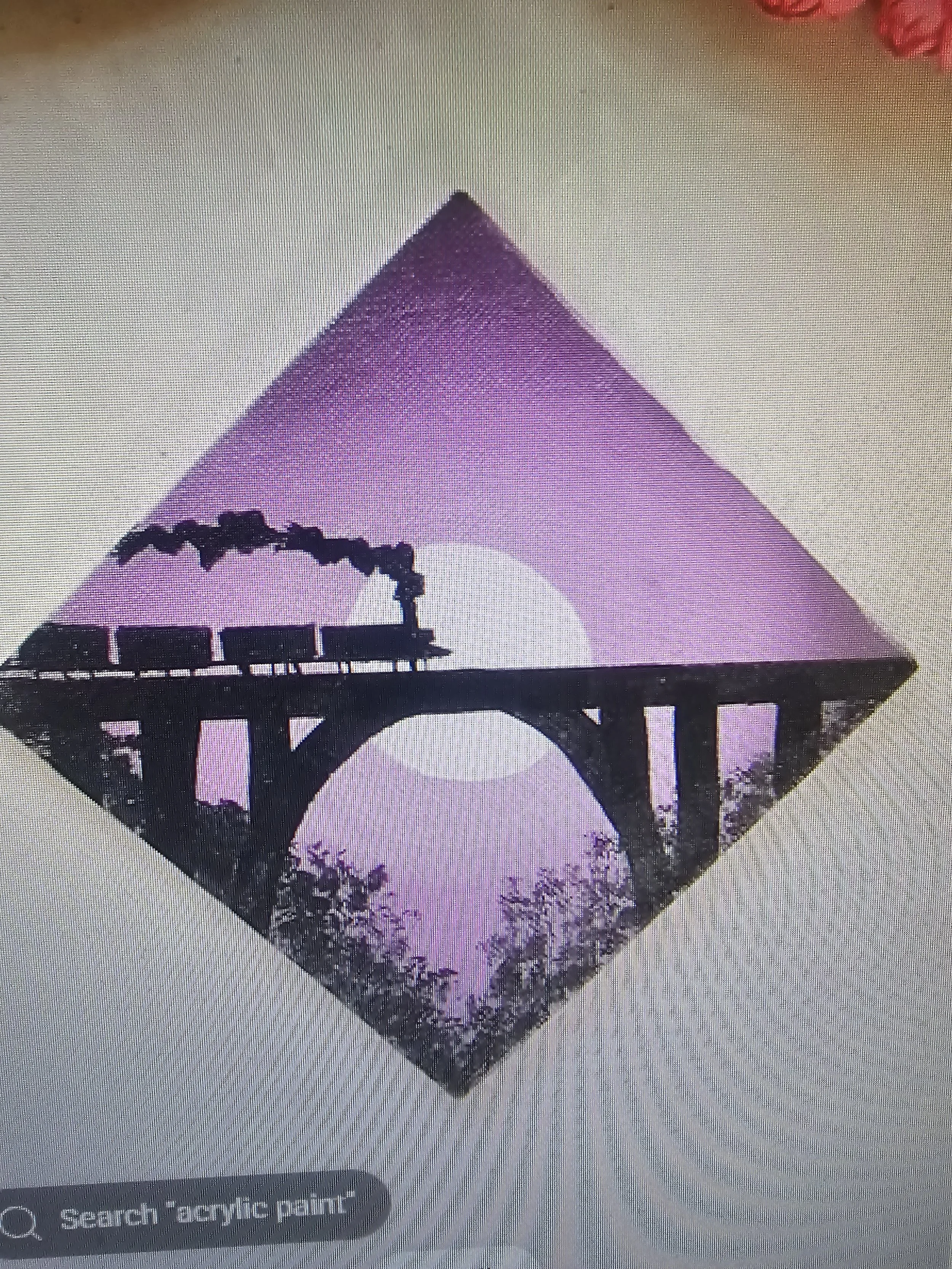A digital illustration of a purple mountain with a white sun or moon in the background, an arch bridge at the bottom, surrounded by purple trees and flowers.